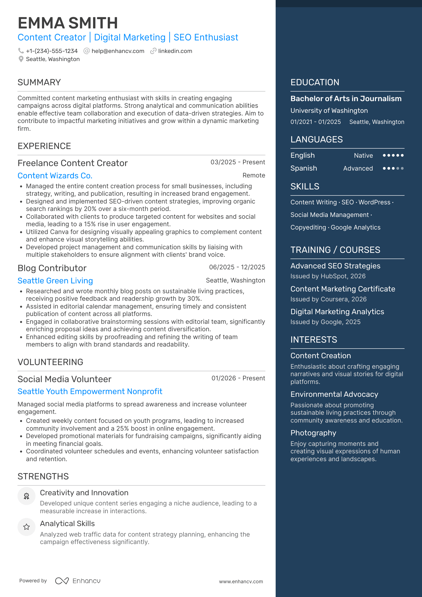 Content Marketing Intern Resume Example