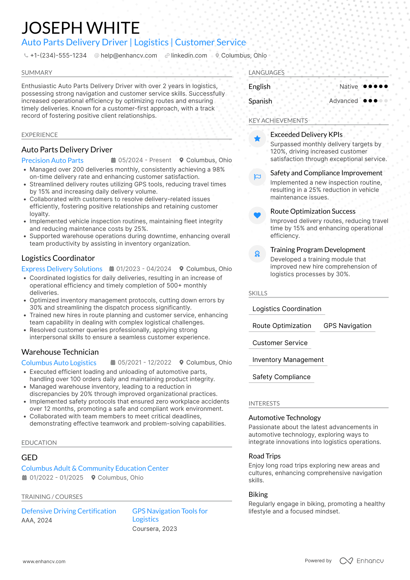 Auto Parts Delivery Driver Resume Example