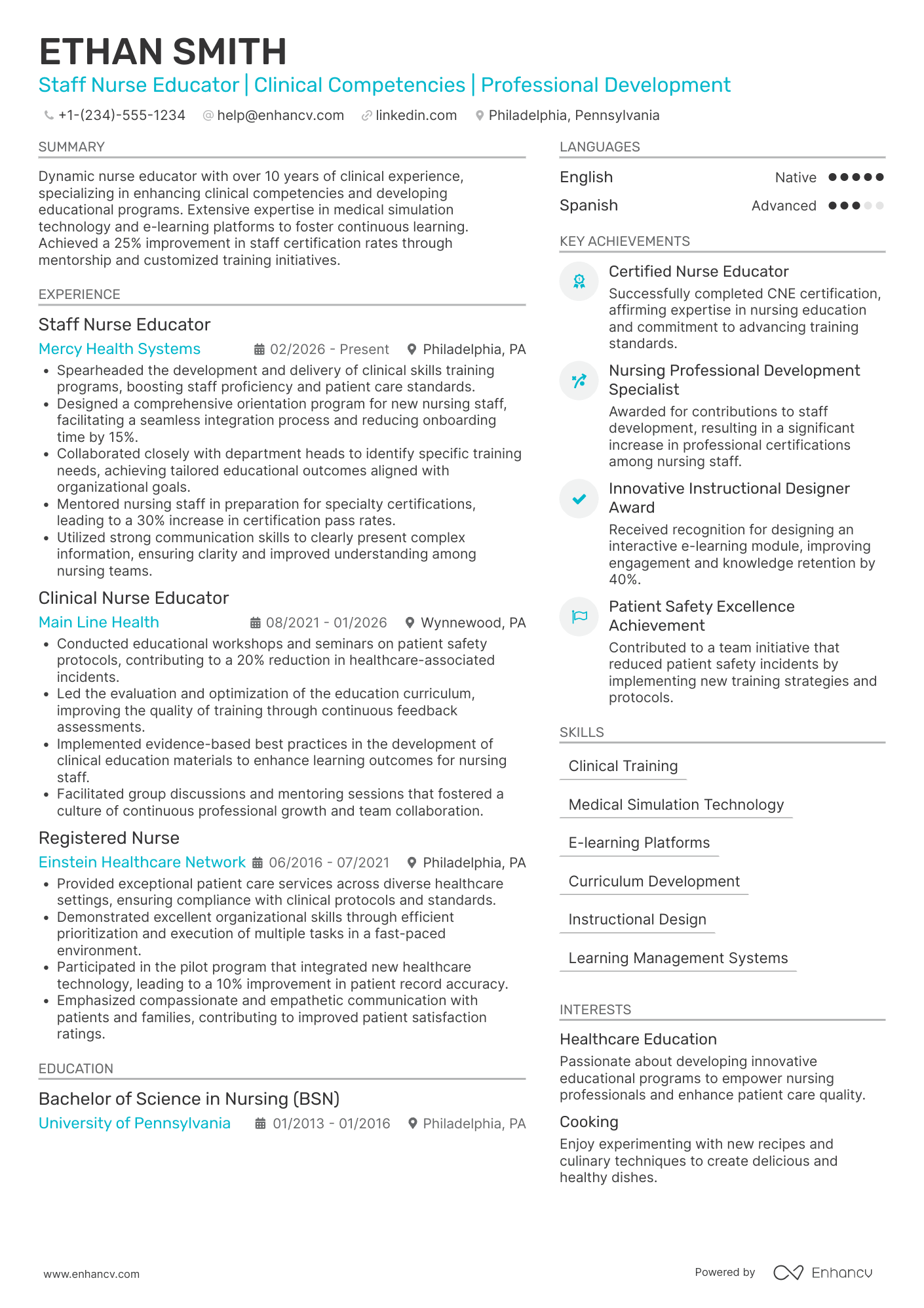 Staff Nurse Educator Resume Example
