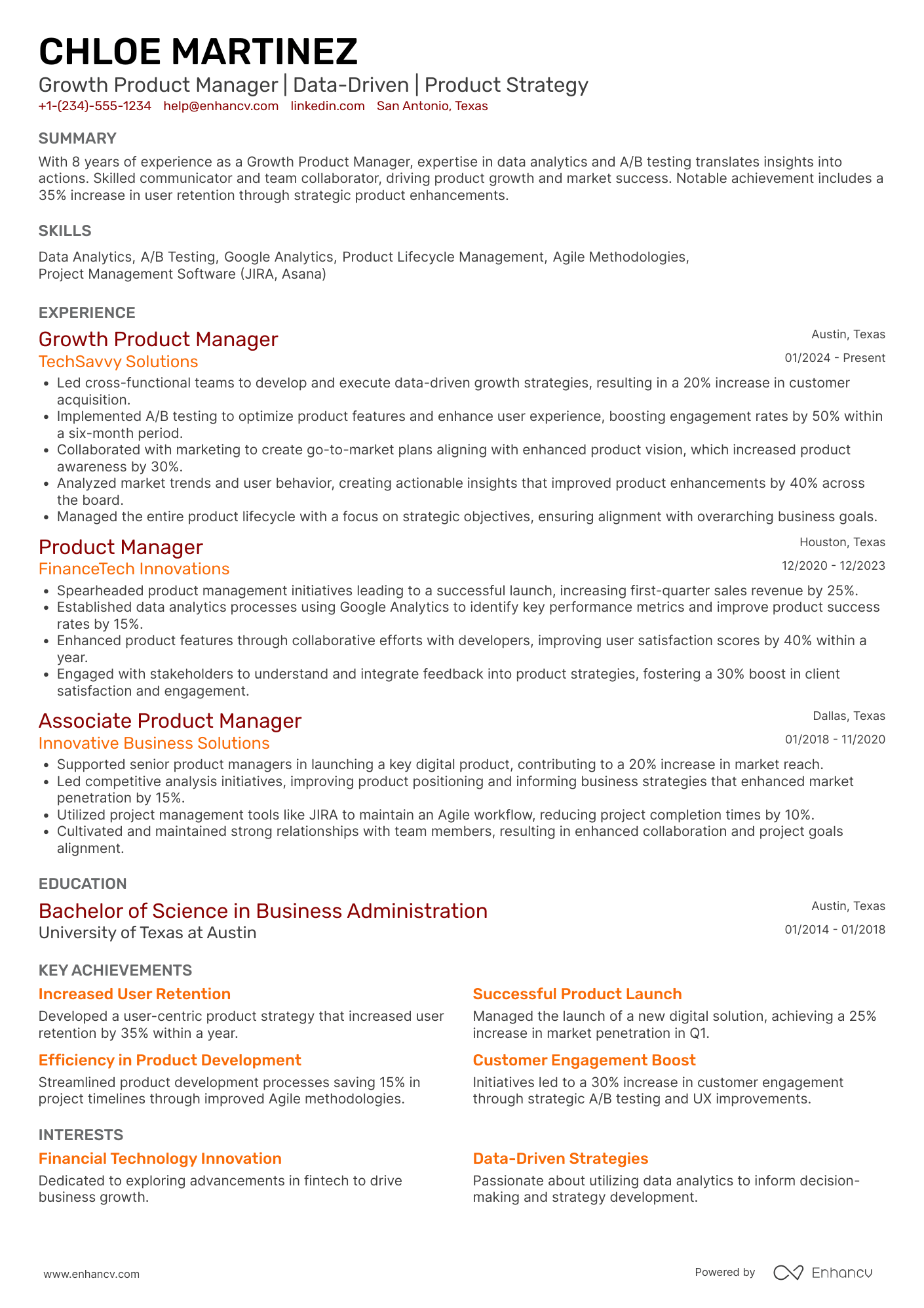 Growth Product Manager Resume Example