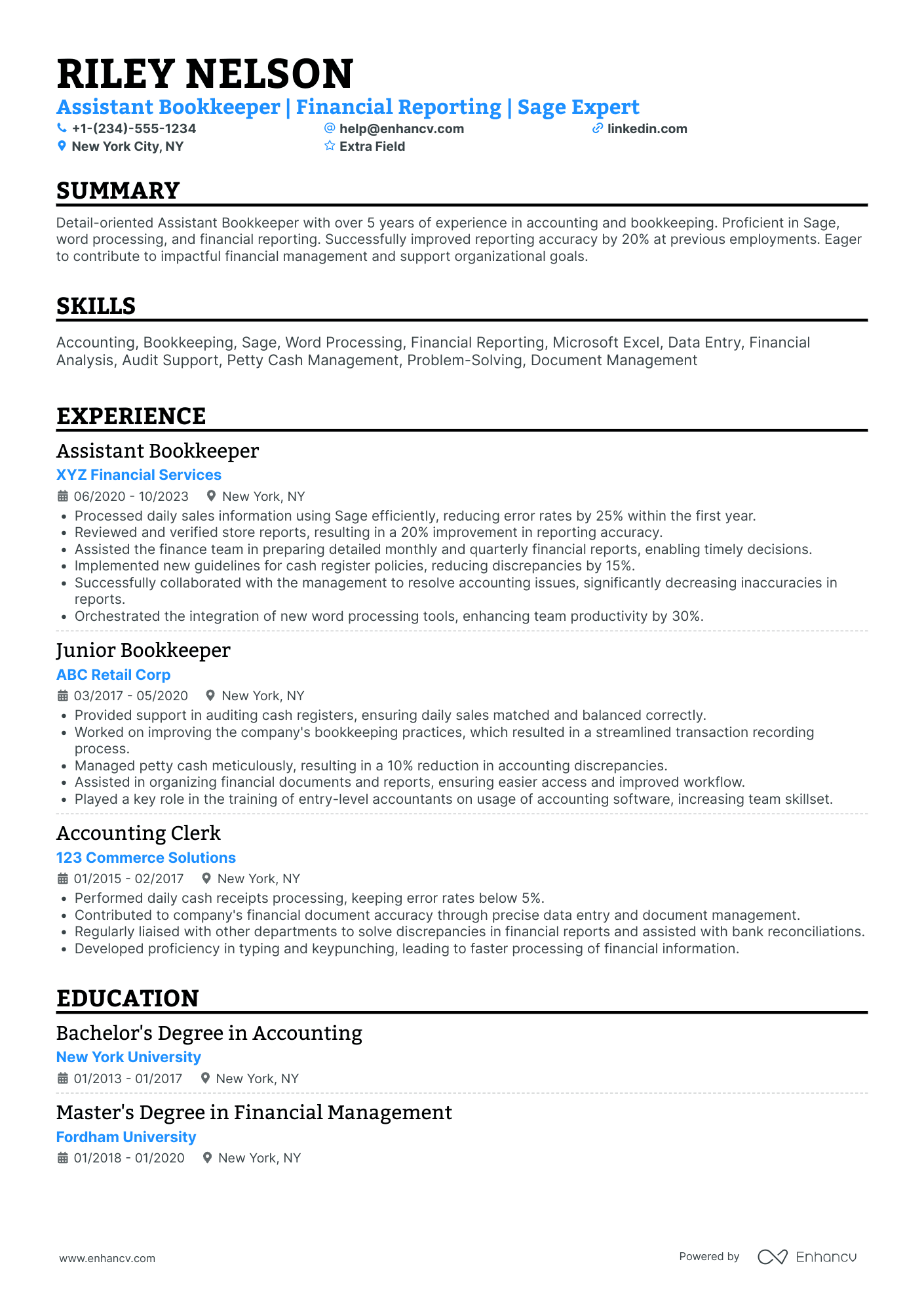Assistant Bookkeeper Resume Example