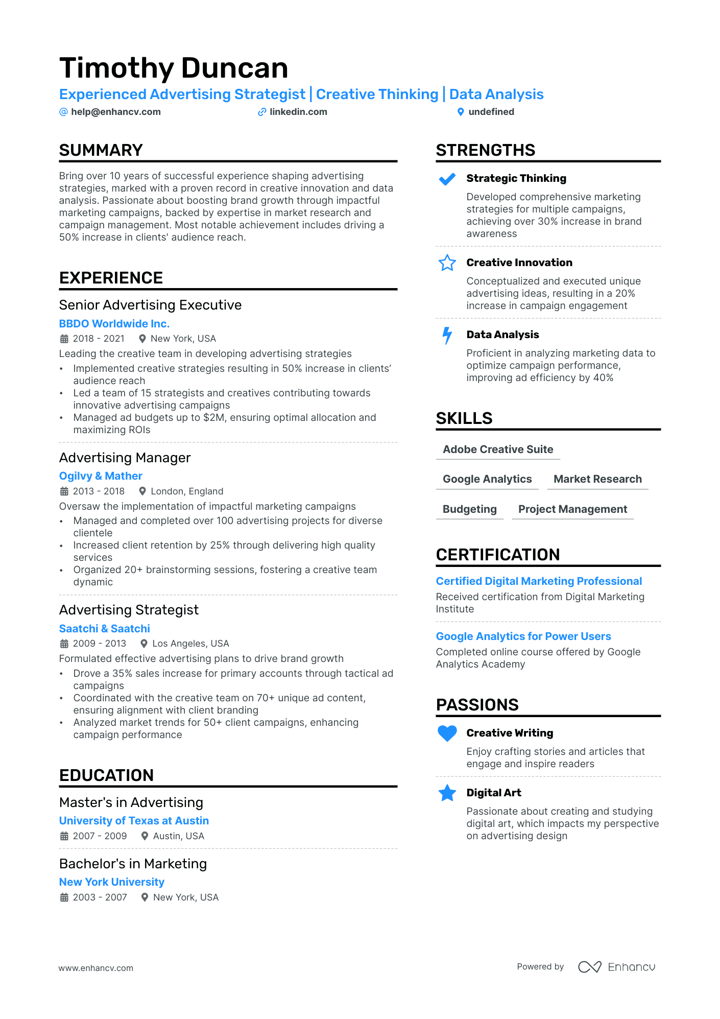 Advertising Agency Resume Example
