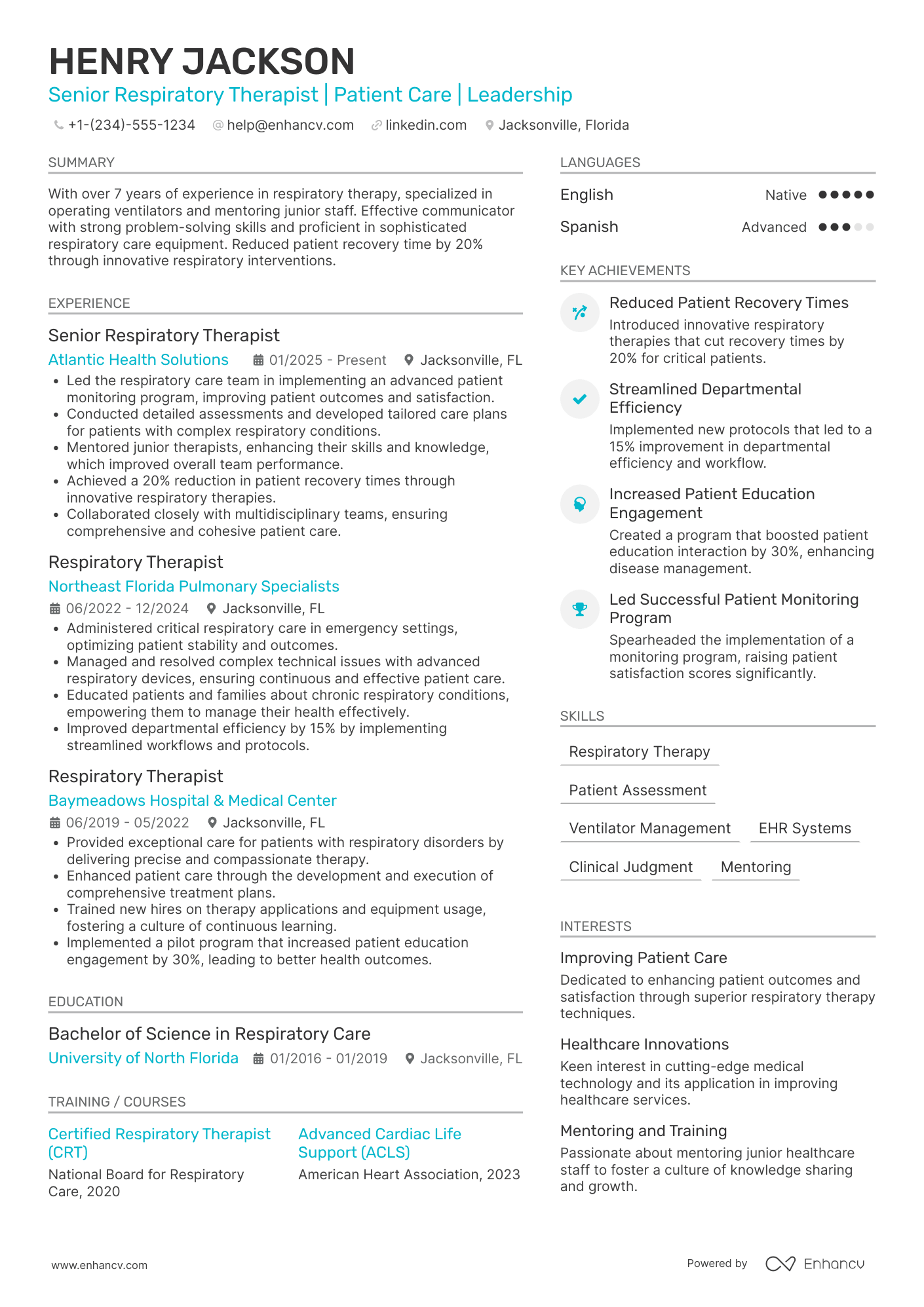 Senior Respiratory Therapist Resume Example