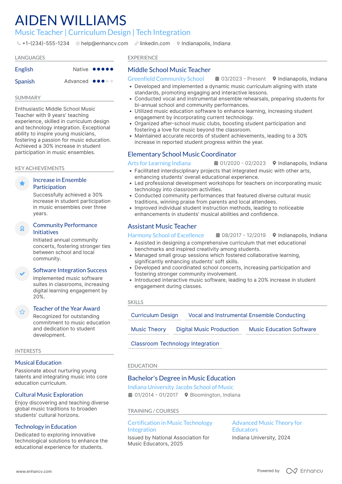 Middle School Music Teacher Resume Example