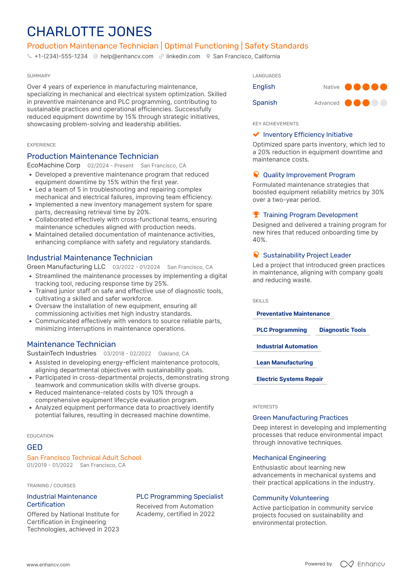 Production Maintenance Technician Resume Example