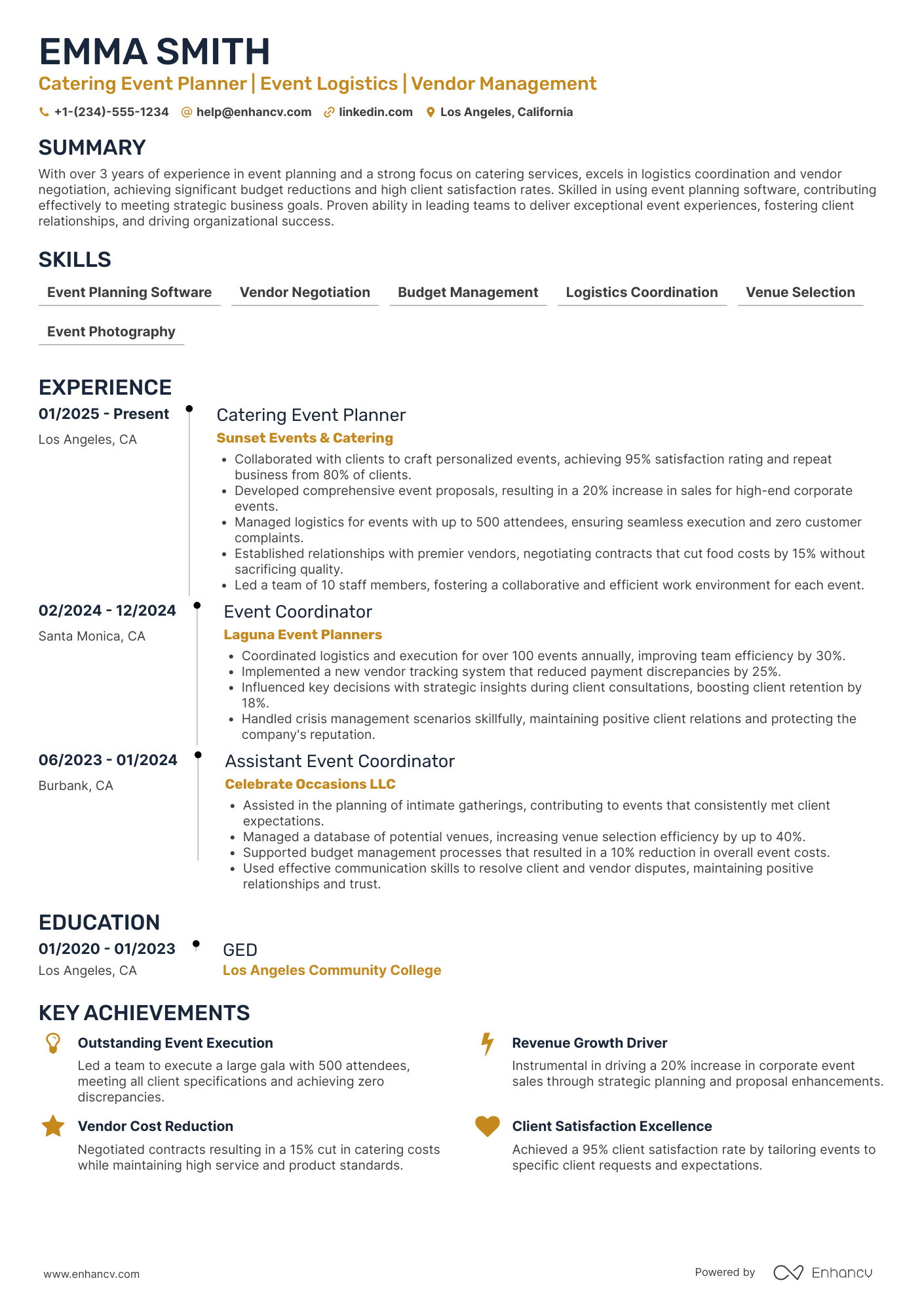 Catering Event Planner Resume Example