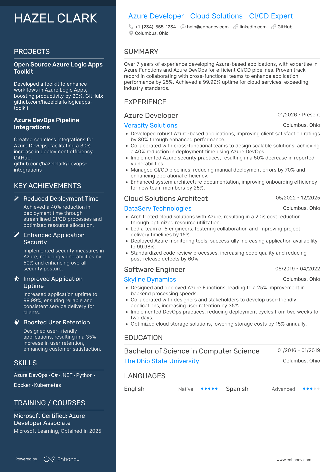 Microsoft Azure Developer Resume Example