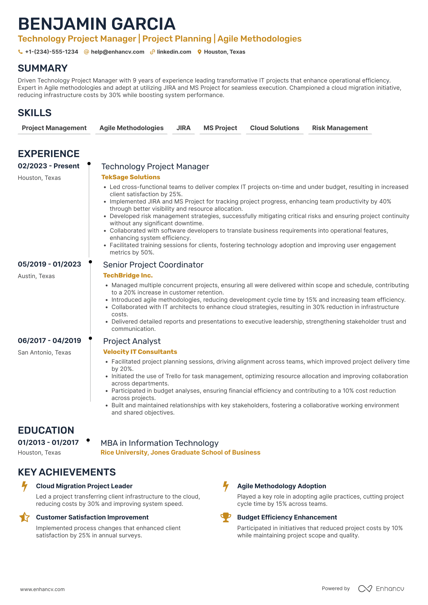 MBA Technology Project Manager Resume Example