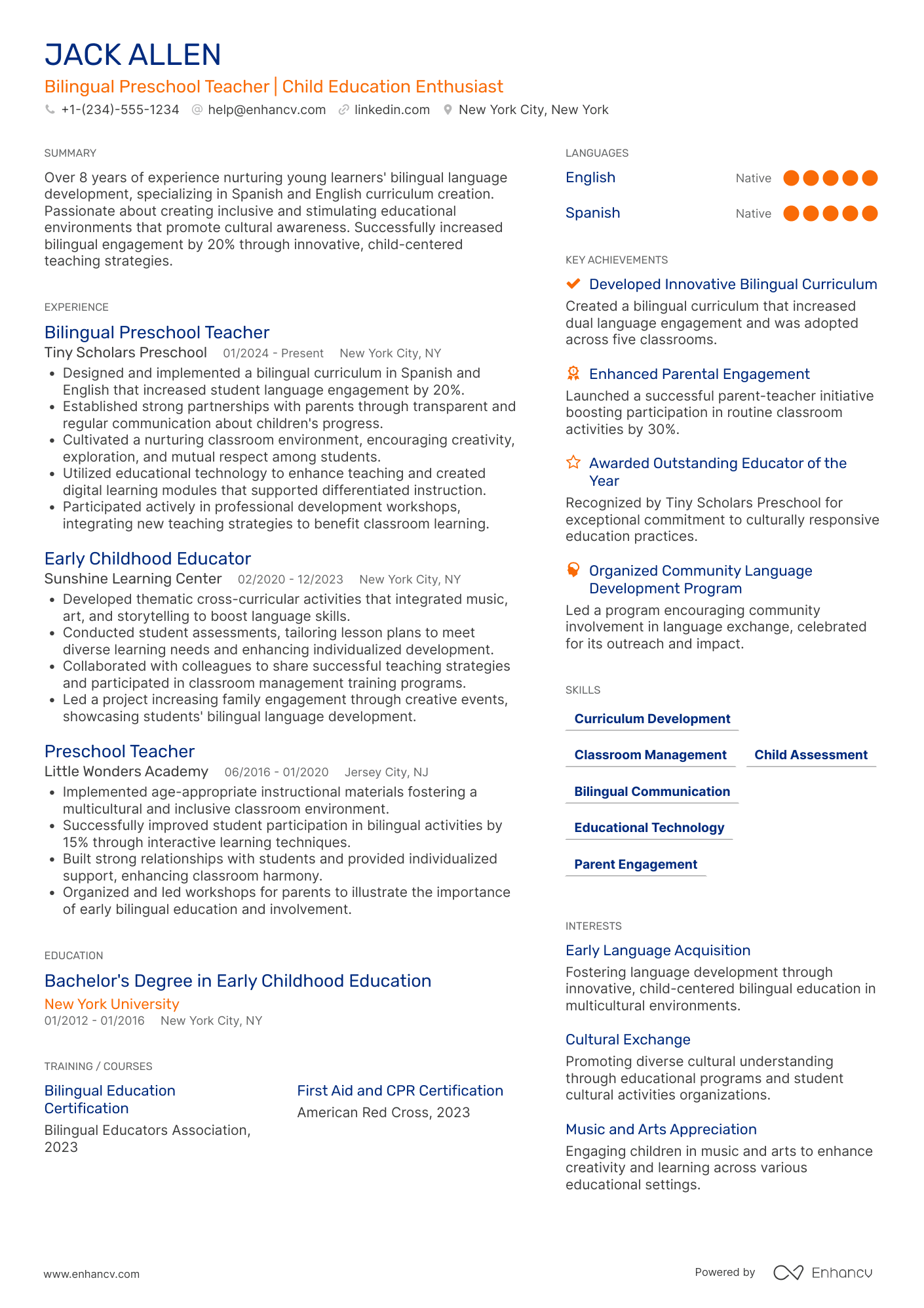 Bilingual Preschool Teacher Resume Example