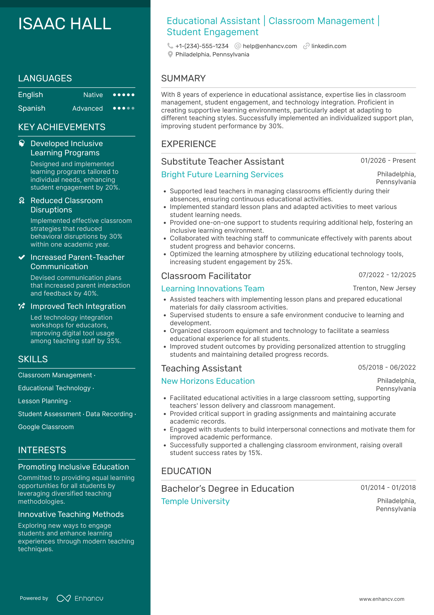 Substitute Teacher Assistant Resume Example