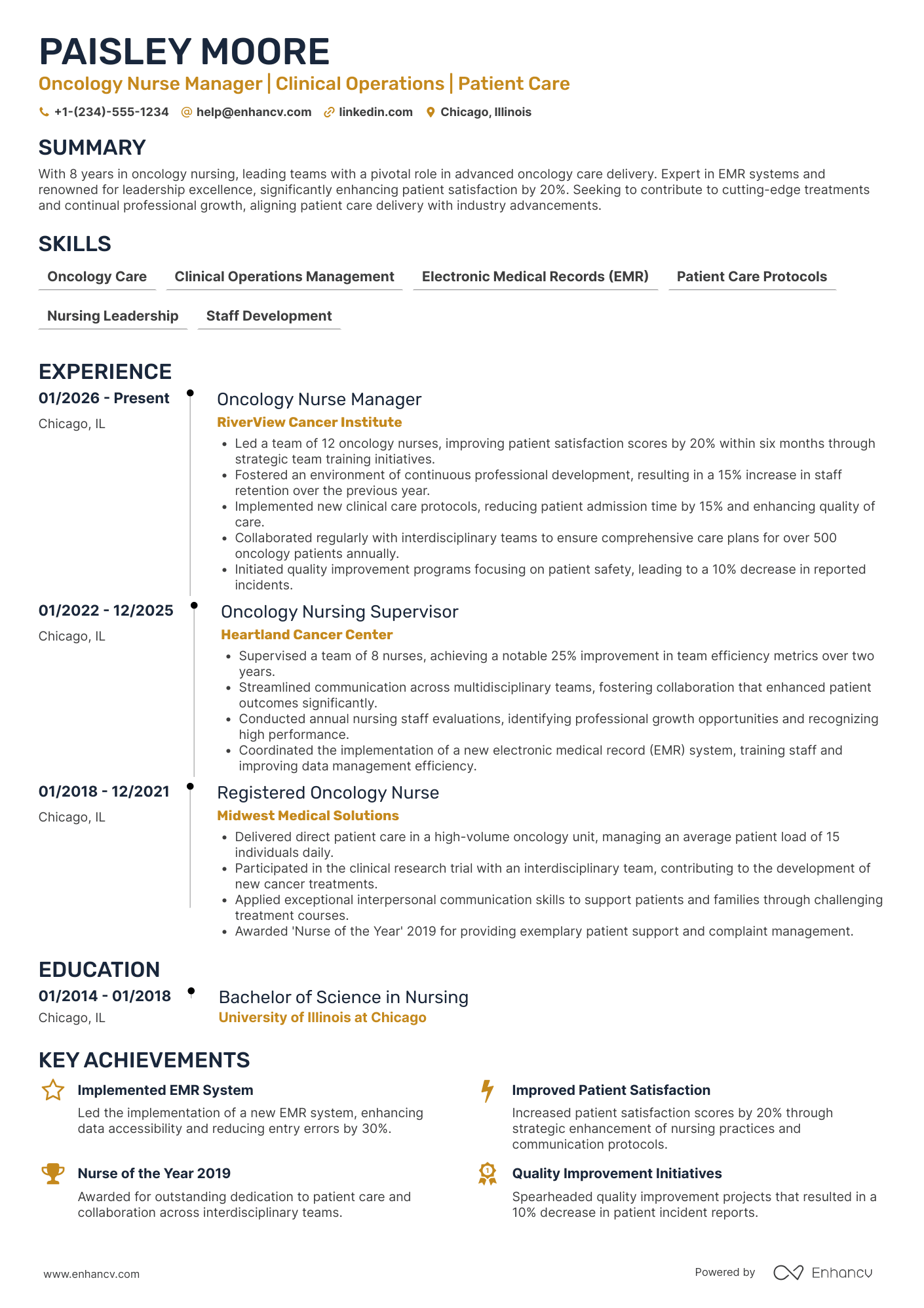 Oncology Nurse Manager Resume Example