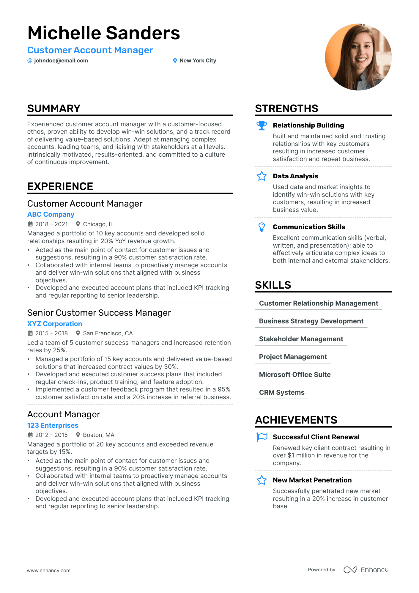 Customer Account Manager Resume Example
