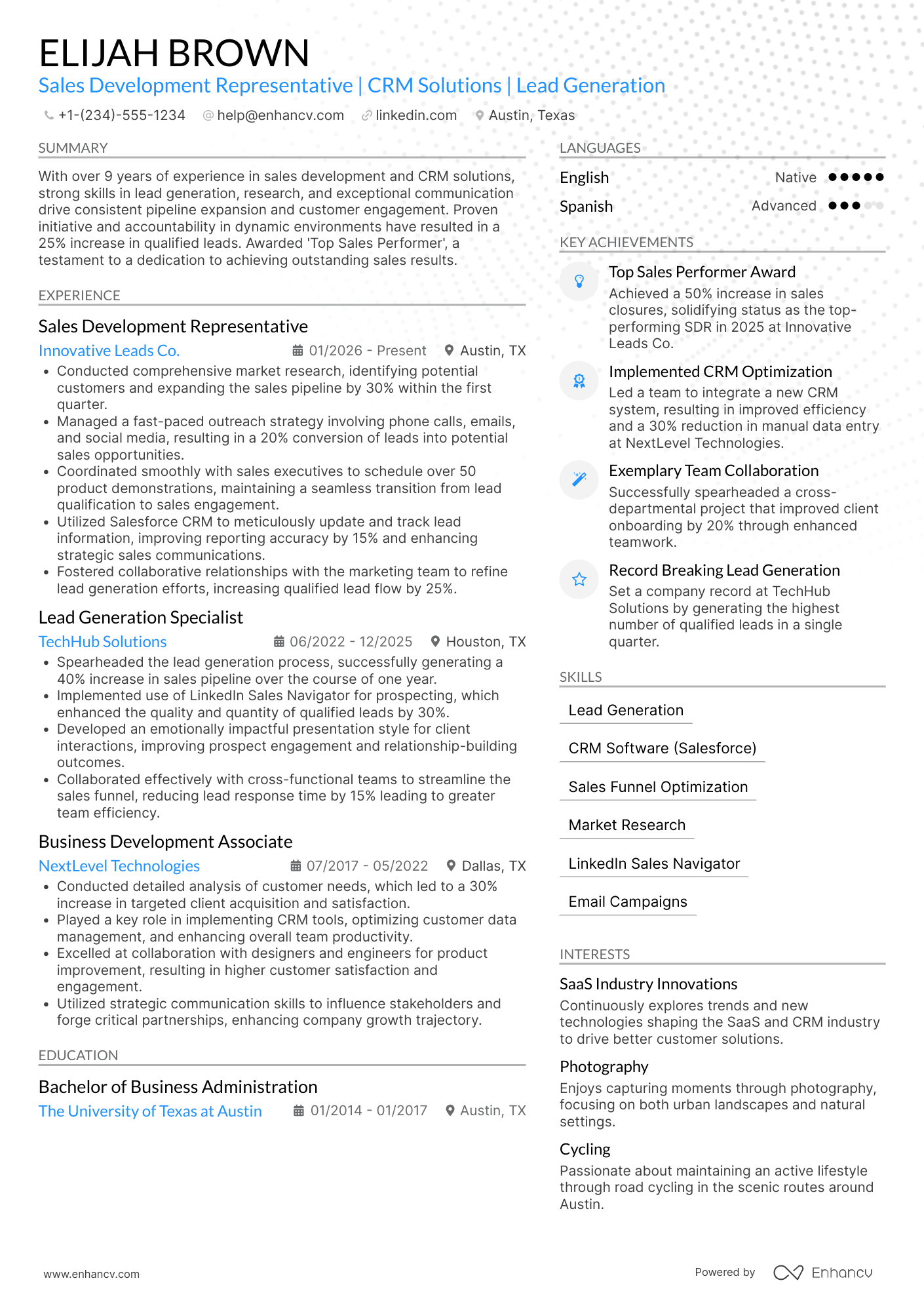 Sales Development Representative Resume Example