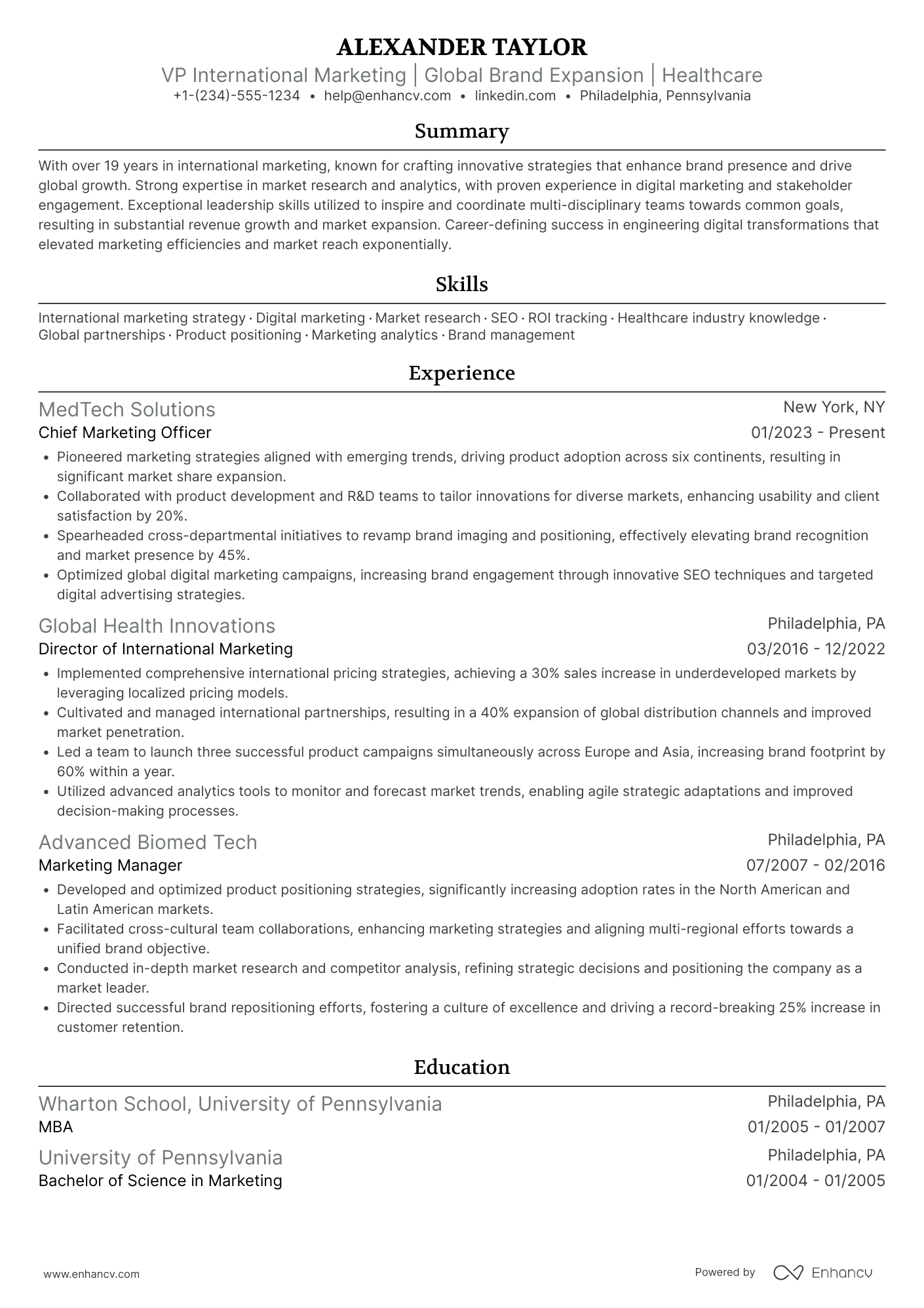 VP International Marketing Resume Example