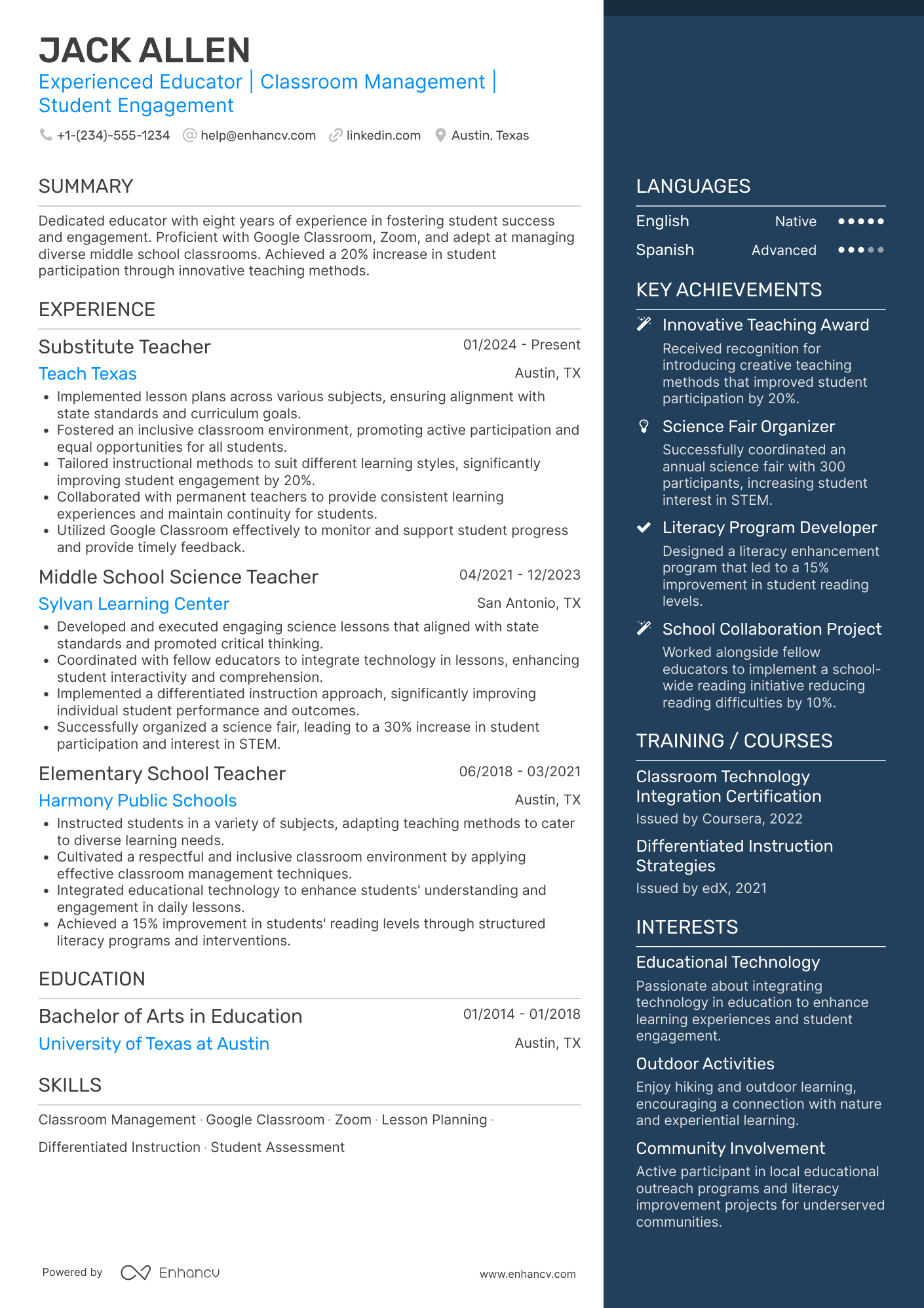 Substitute Middle School Teacher Resume Example