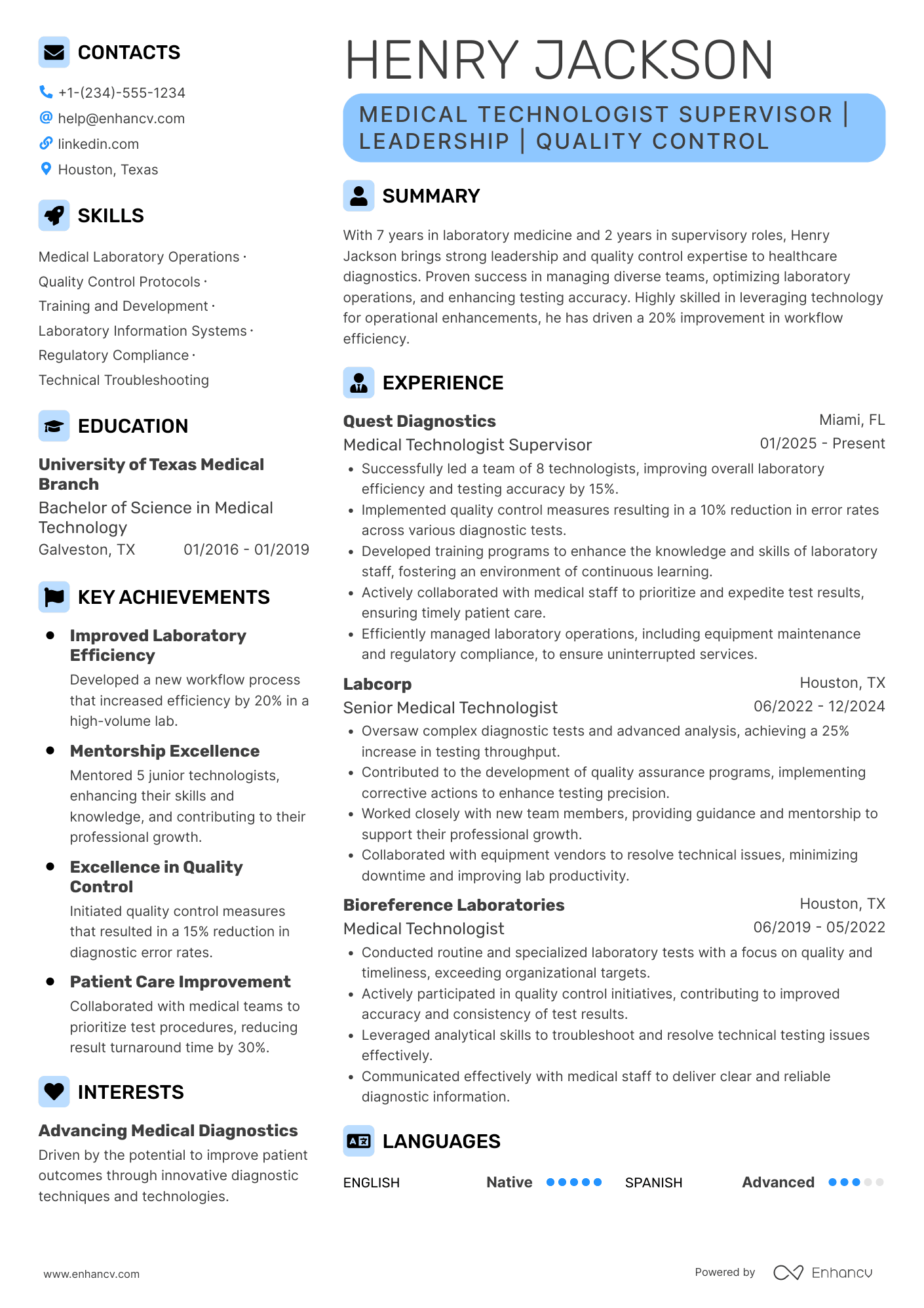 Medical Technologist Supervisor Resume Example