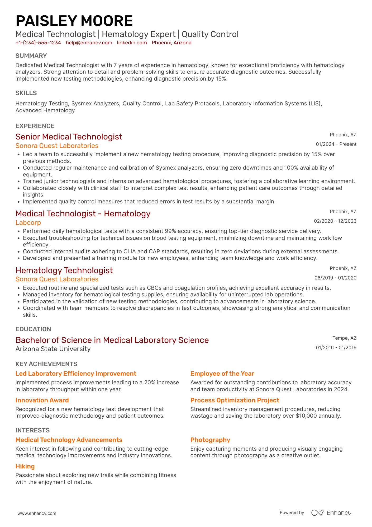 Medical Technologist Hematology Resume Example