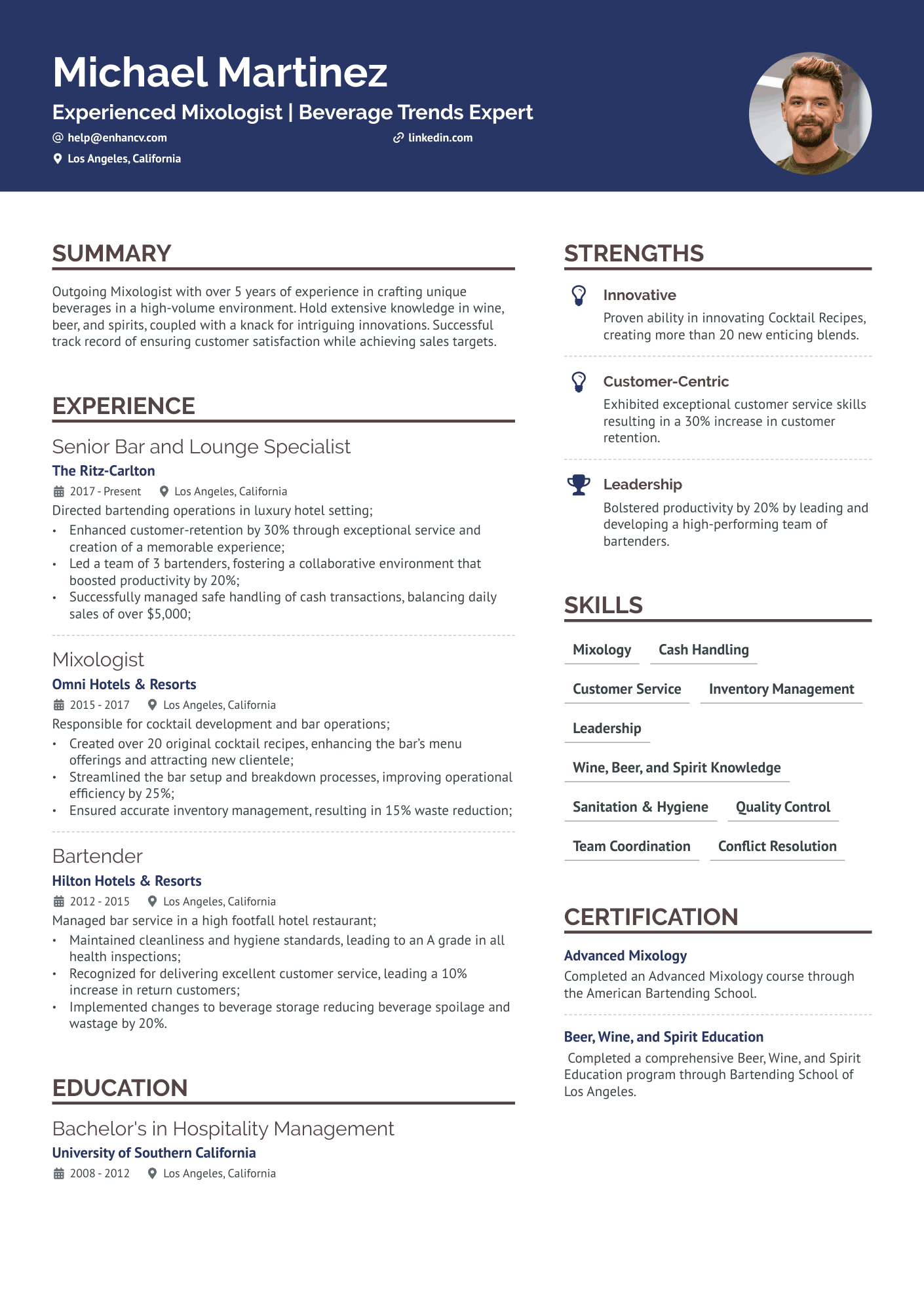 Bartender Mixologist Resume Example