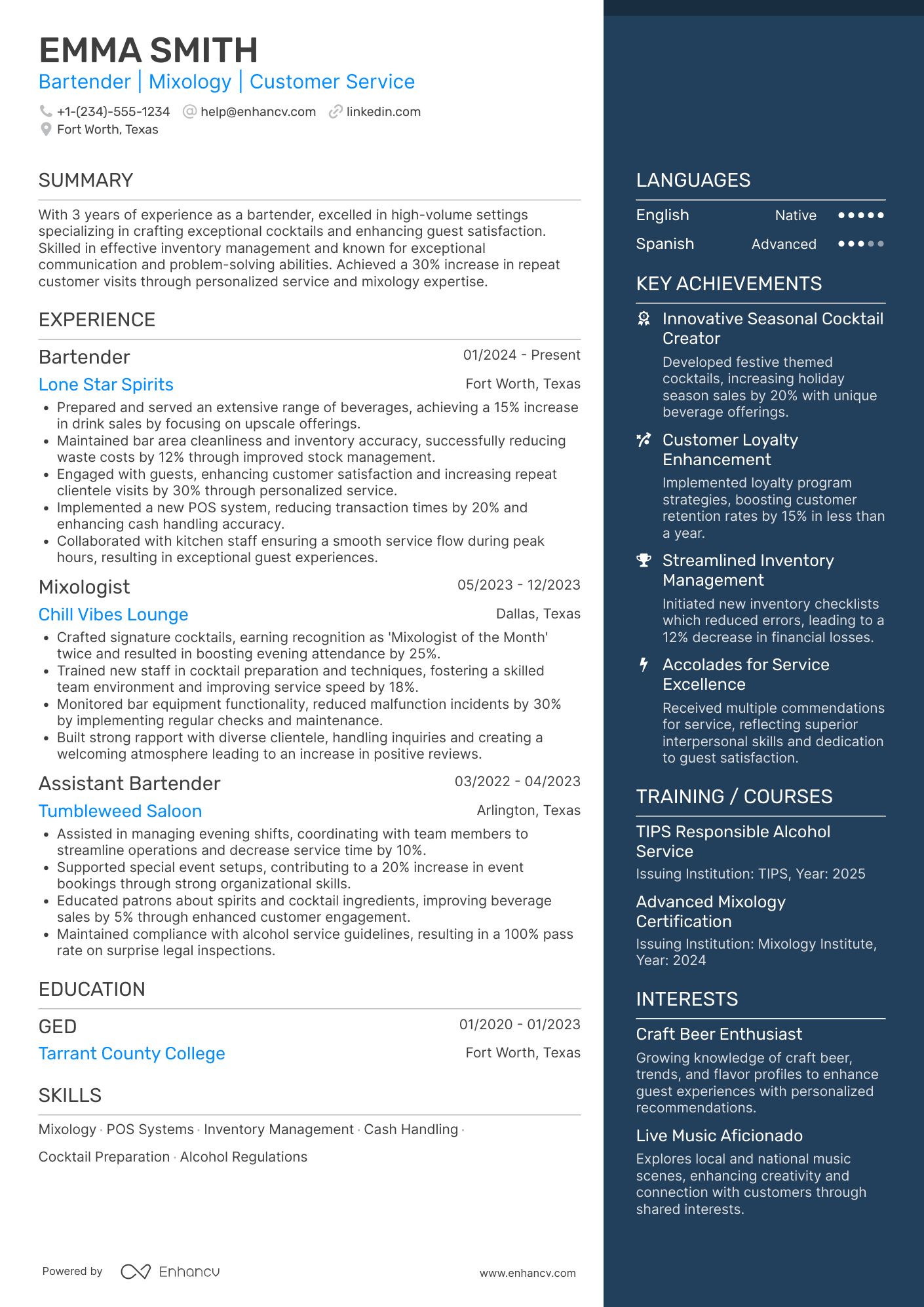 Seasonal Bartender Resume Example