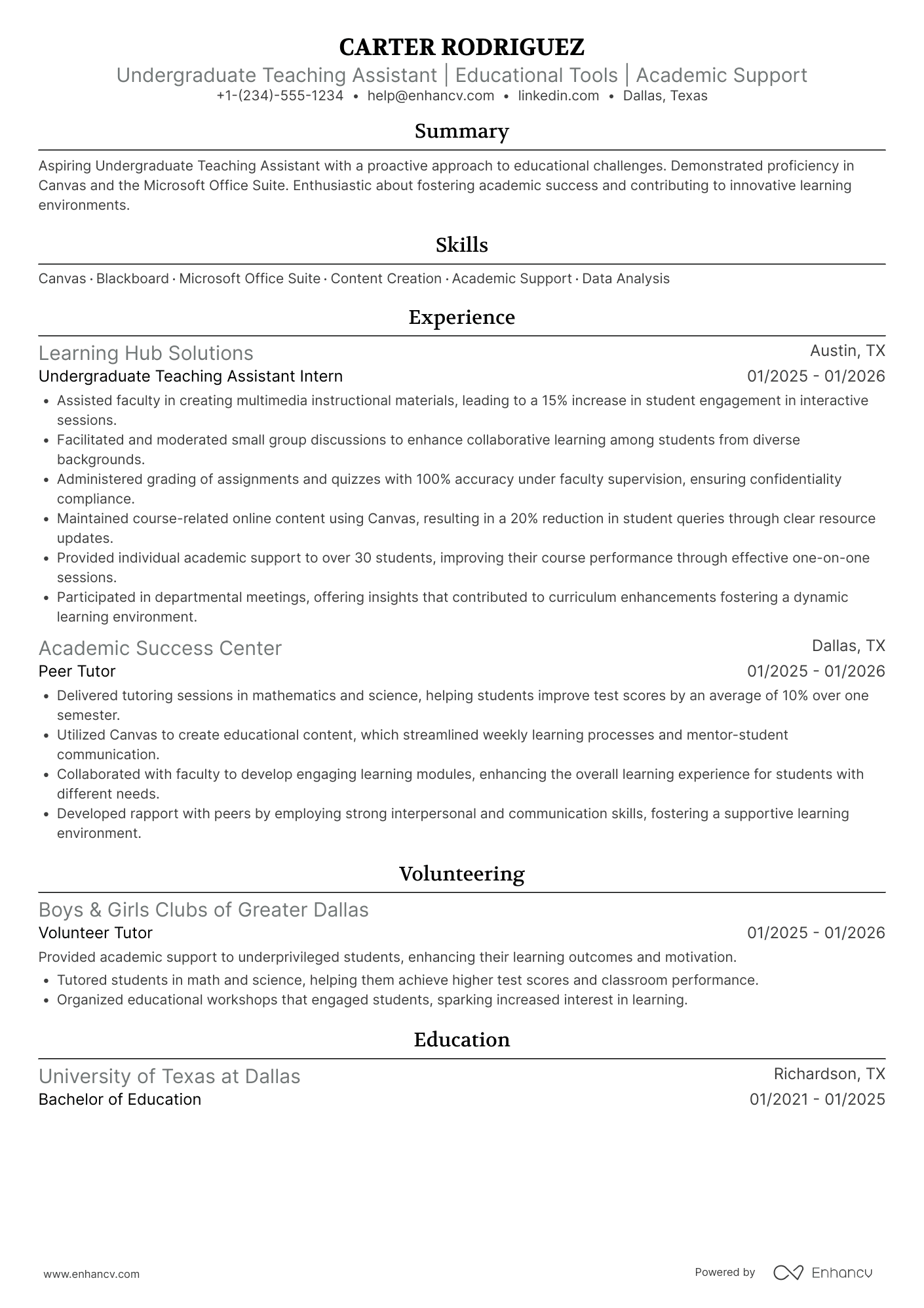 Undergraduate Teaching Assistant Resume Example