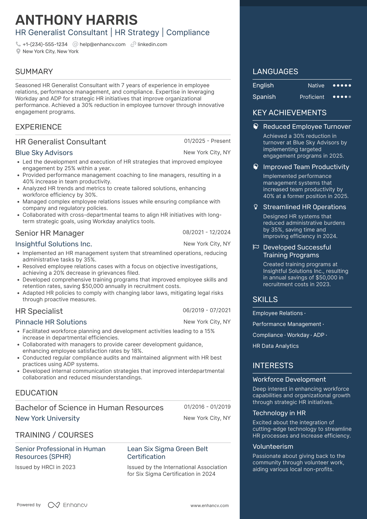 HR Generalist Consultant Resume Example