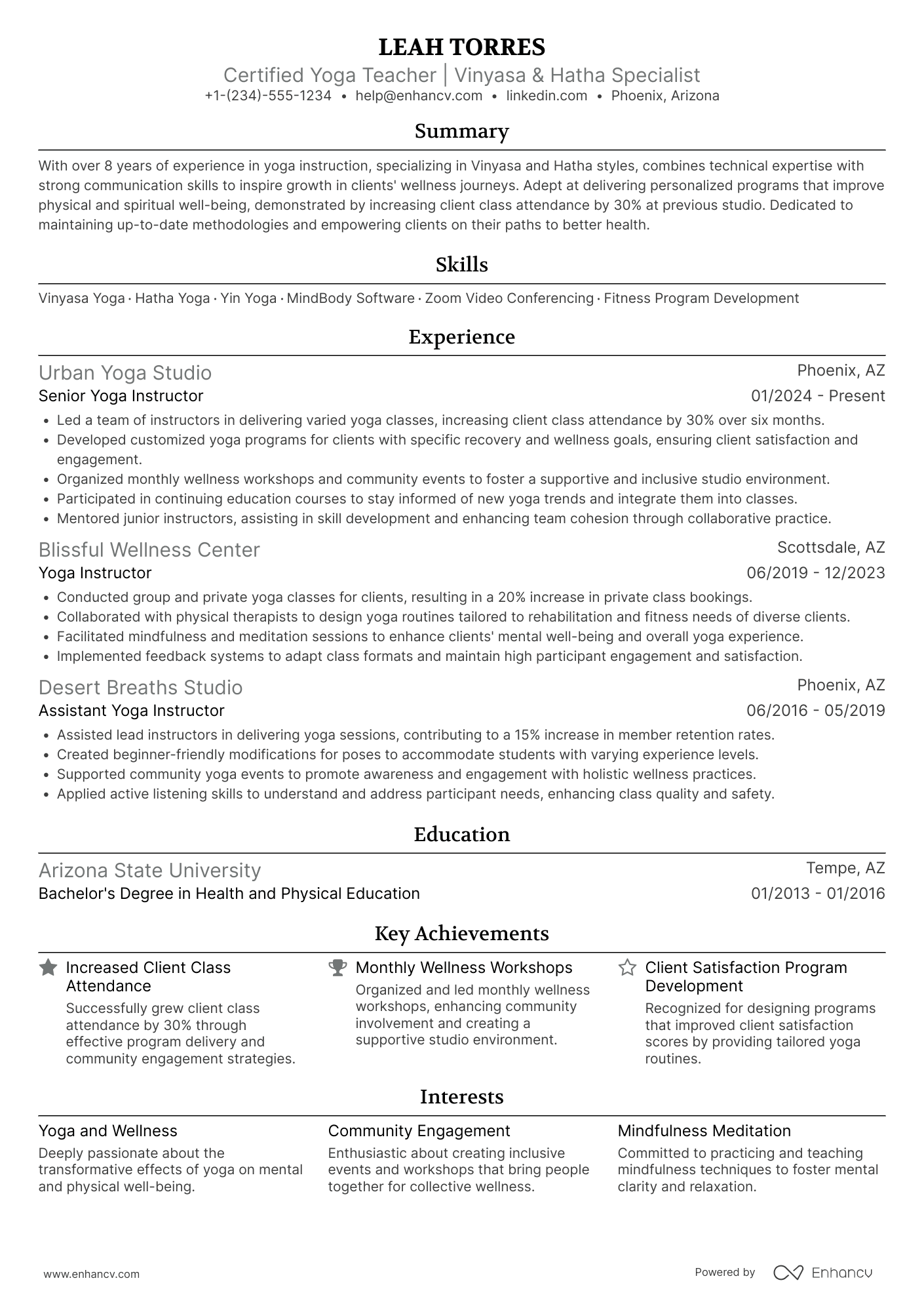 Certified Yoga Teacher Resume Example