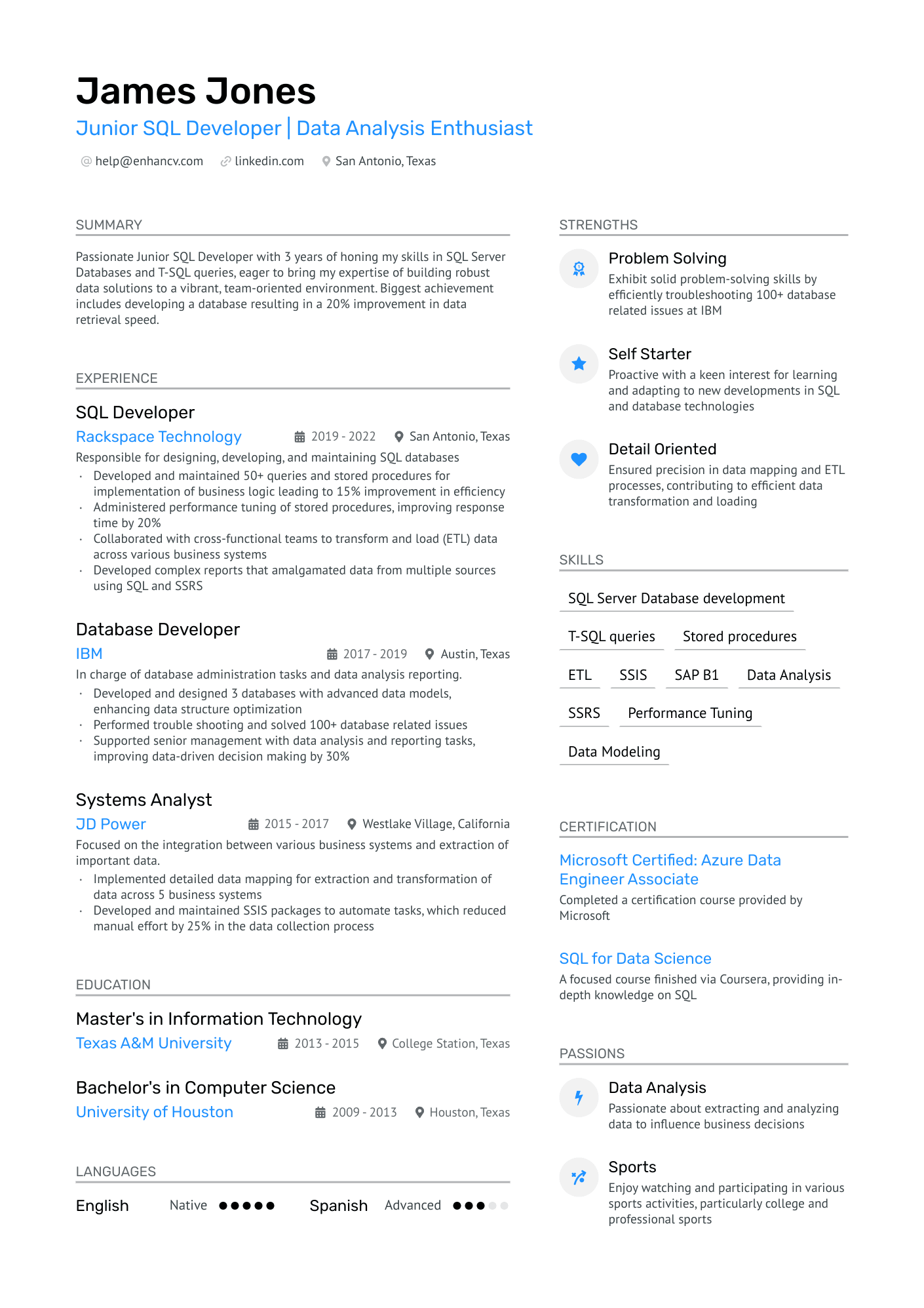 Junior SQL Developer Resume Example