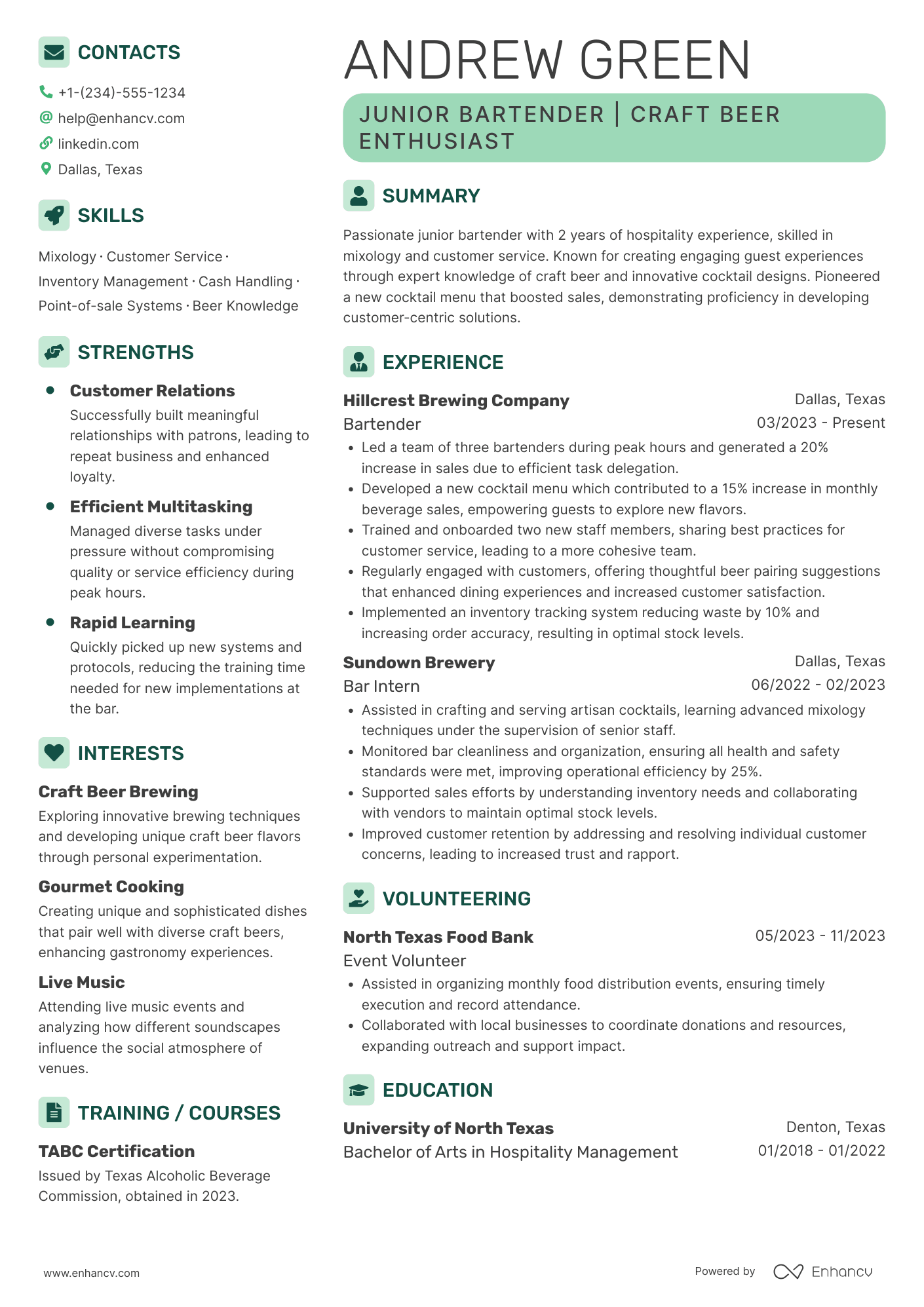 Junior Bartender Resume Example