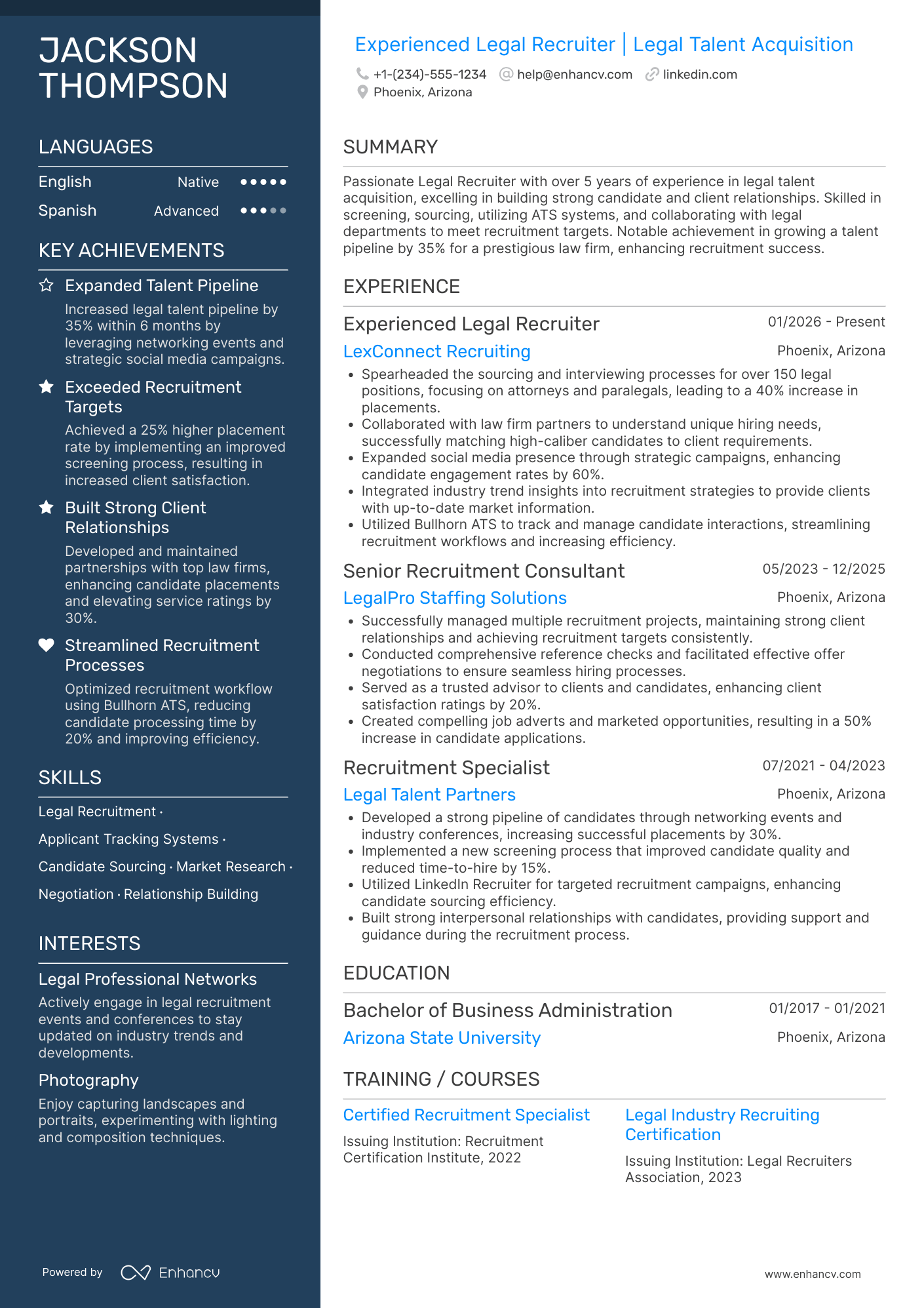Experienced Legal Recruiter Resume Example