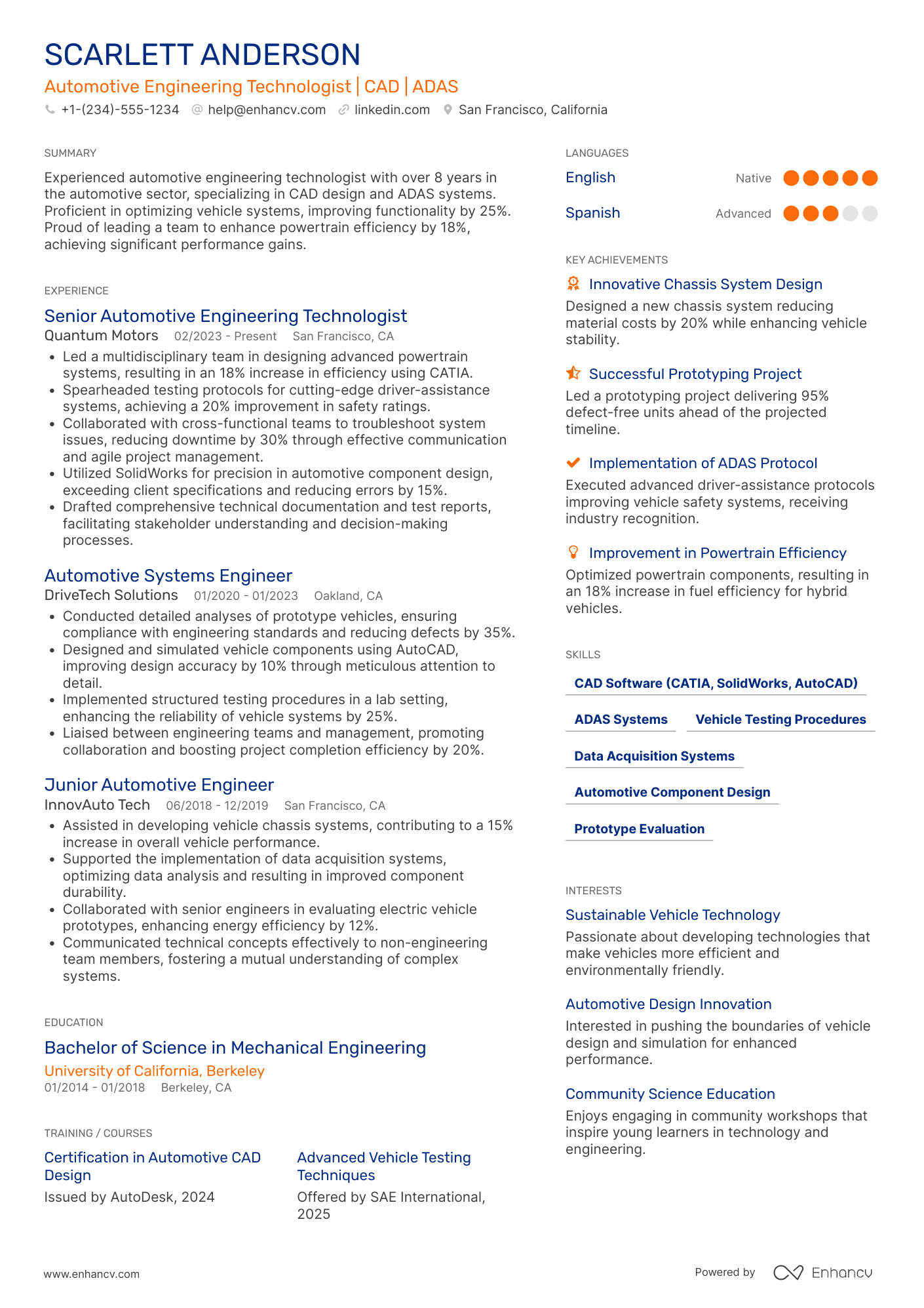 Automotive Engineering Technologist Resume Example