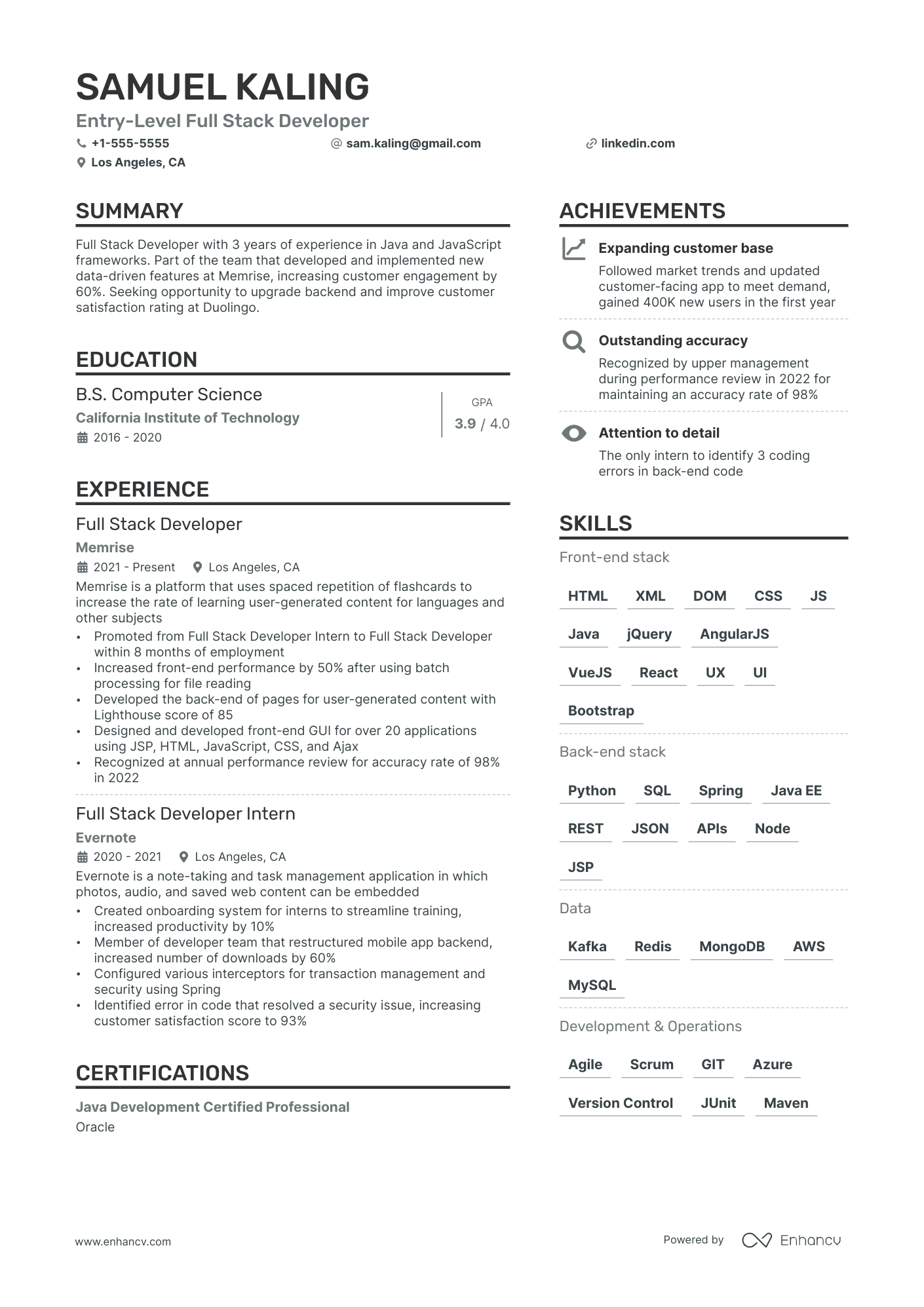 Entry Level Full Stack Developer Resume Example