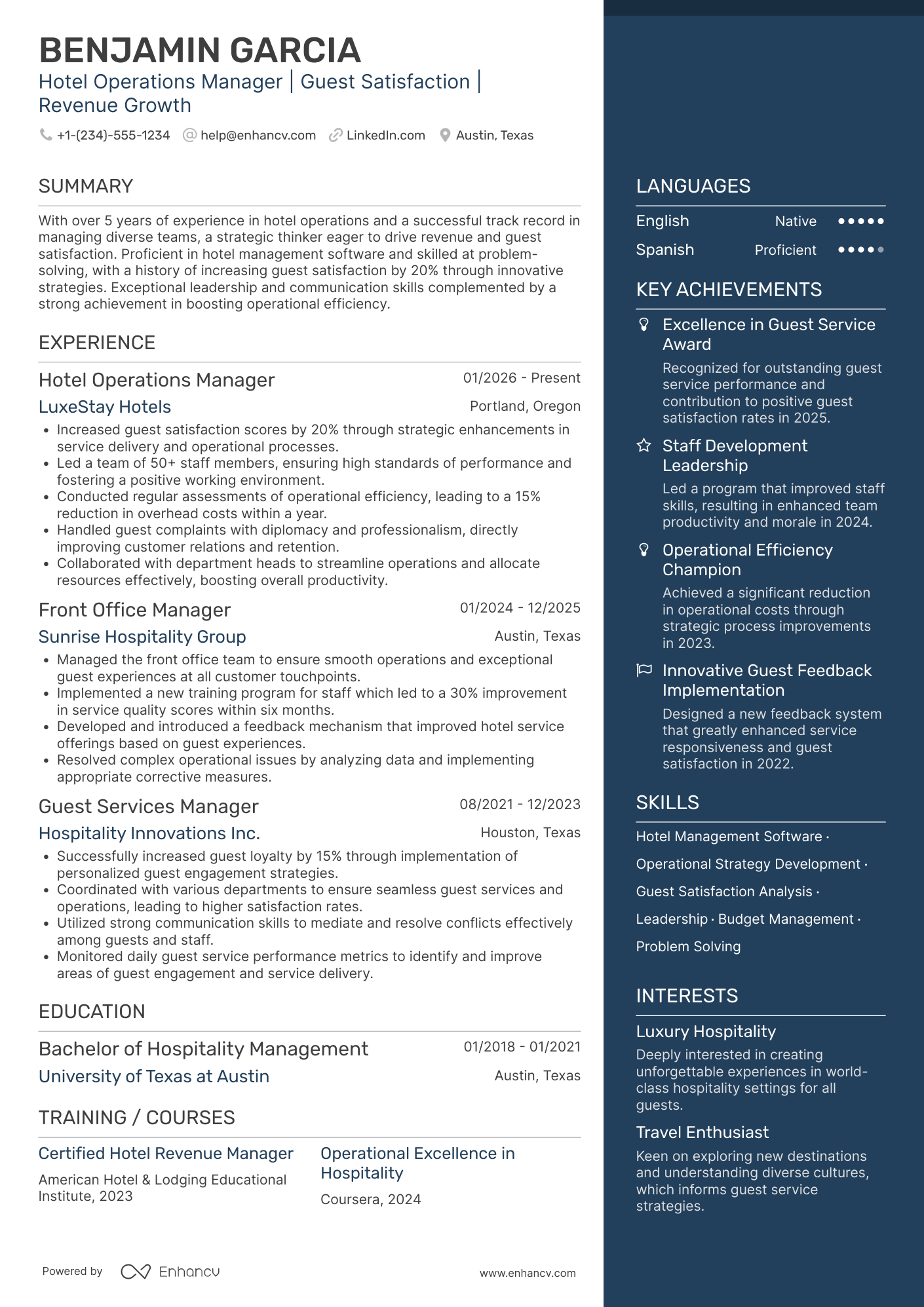 Hotel Operations Manager Resume Example