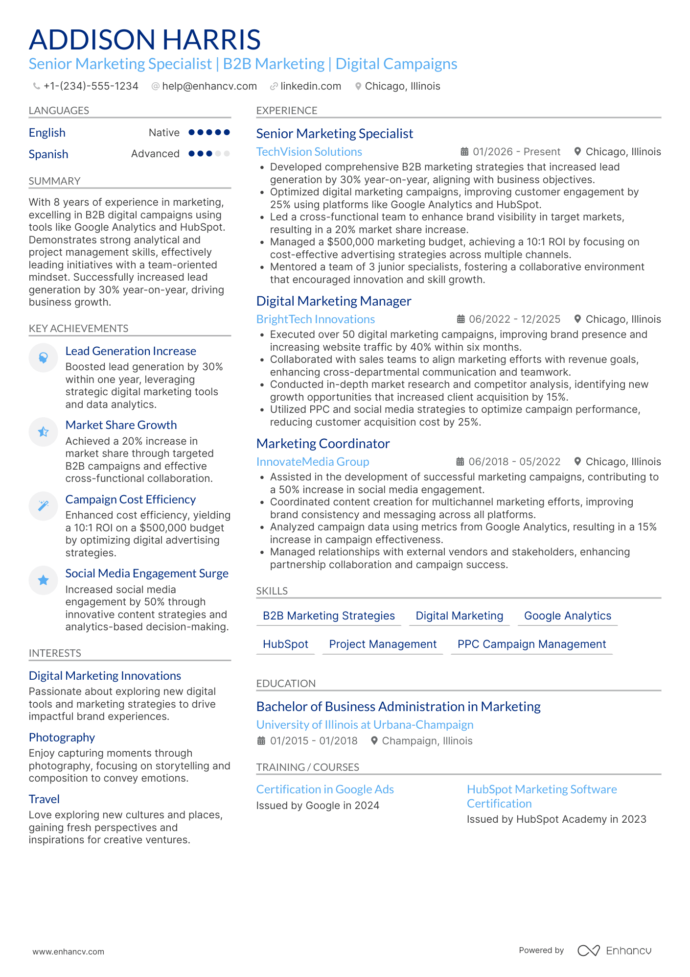 Senior Marketing Specialist Resume Example