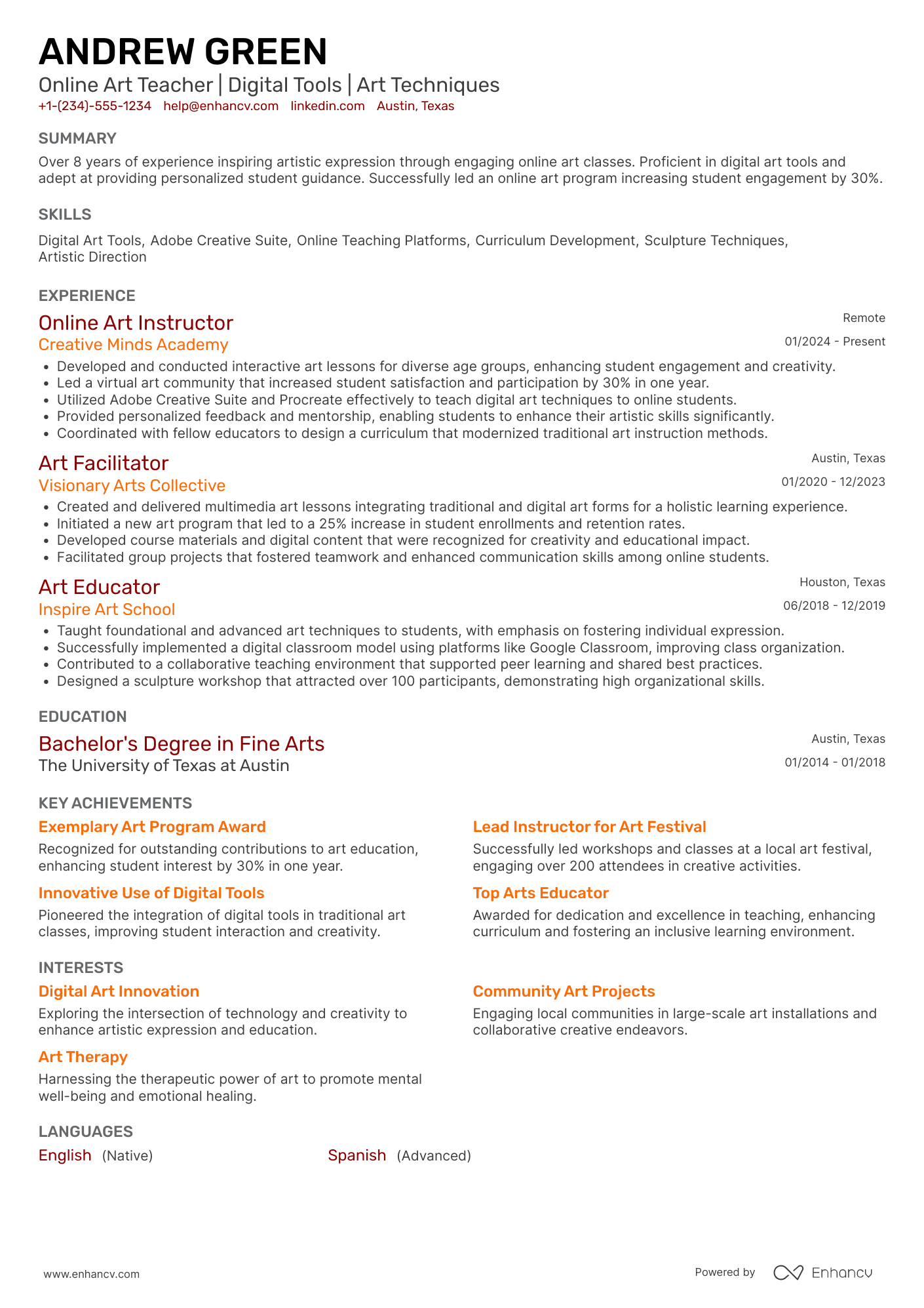 Online Art Teacher Resume Example