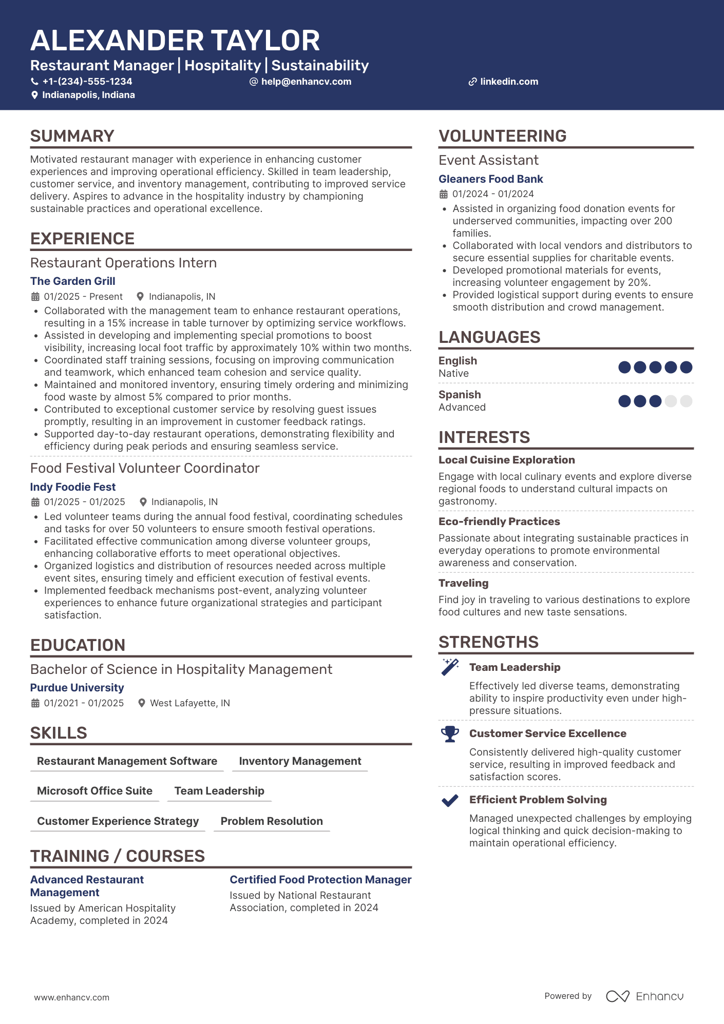 Entry Level Restaurant Manager Resume Example