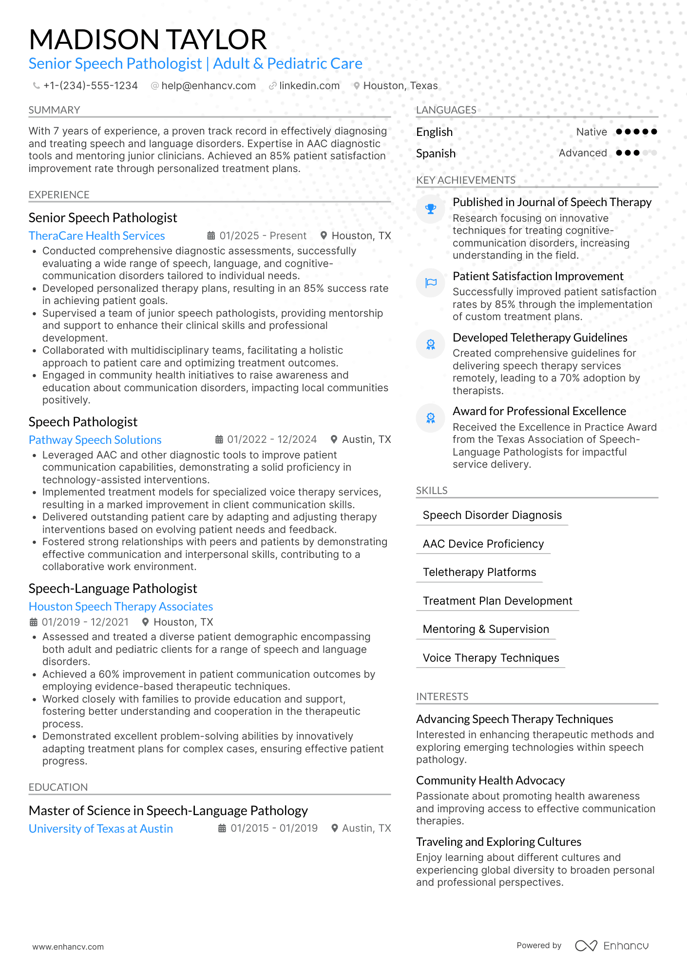 Senior Speech Pathologist Resume Example