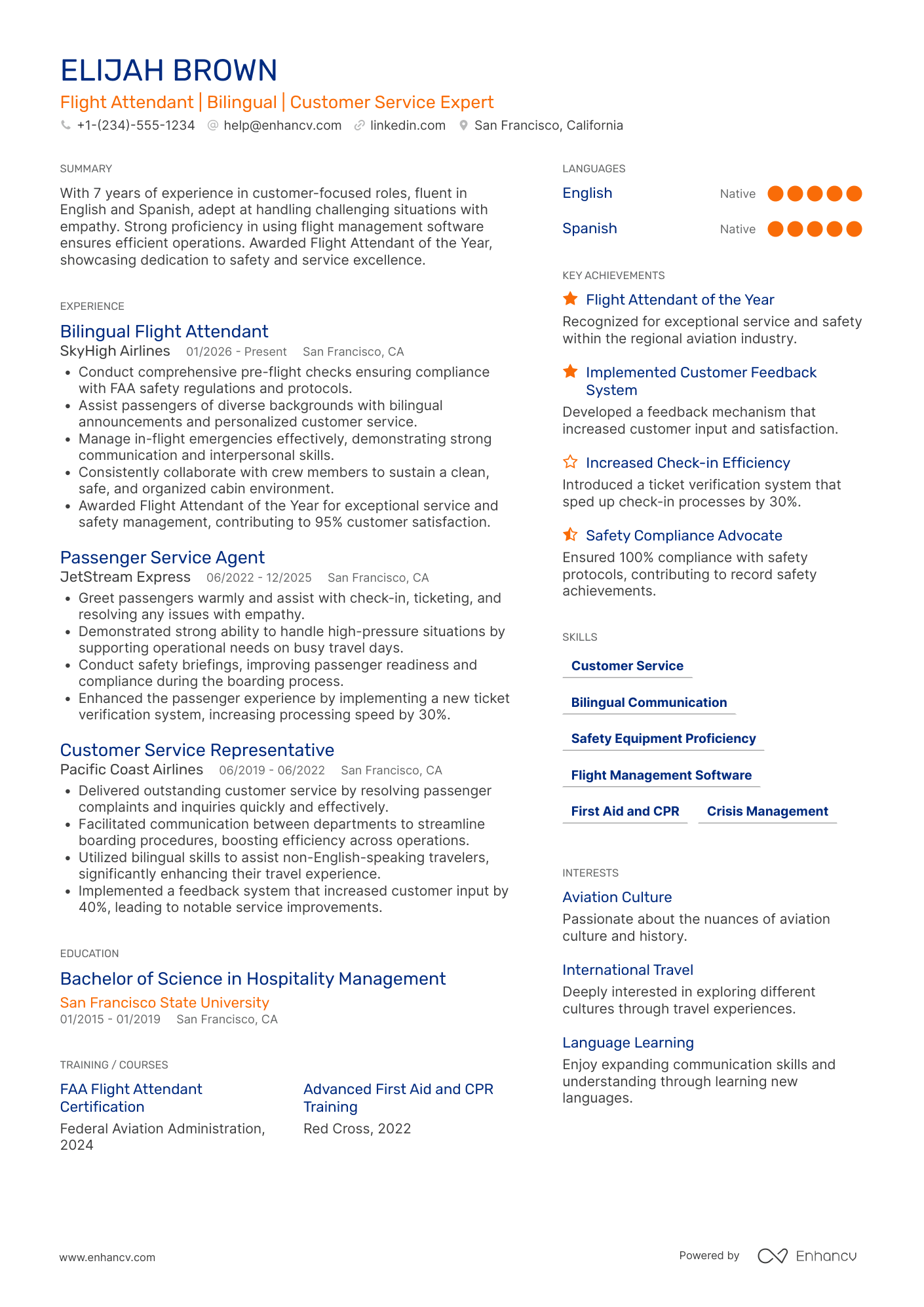 Bilingual Flight Attendant Resume Example