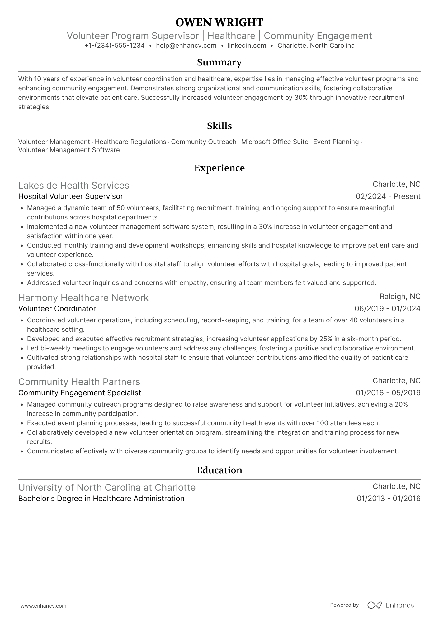 Hospital Volunteer Supervisor Resume Example