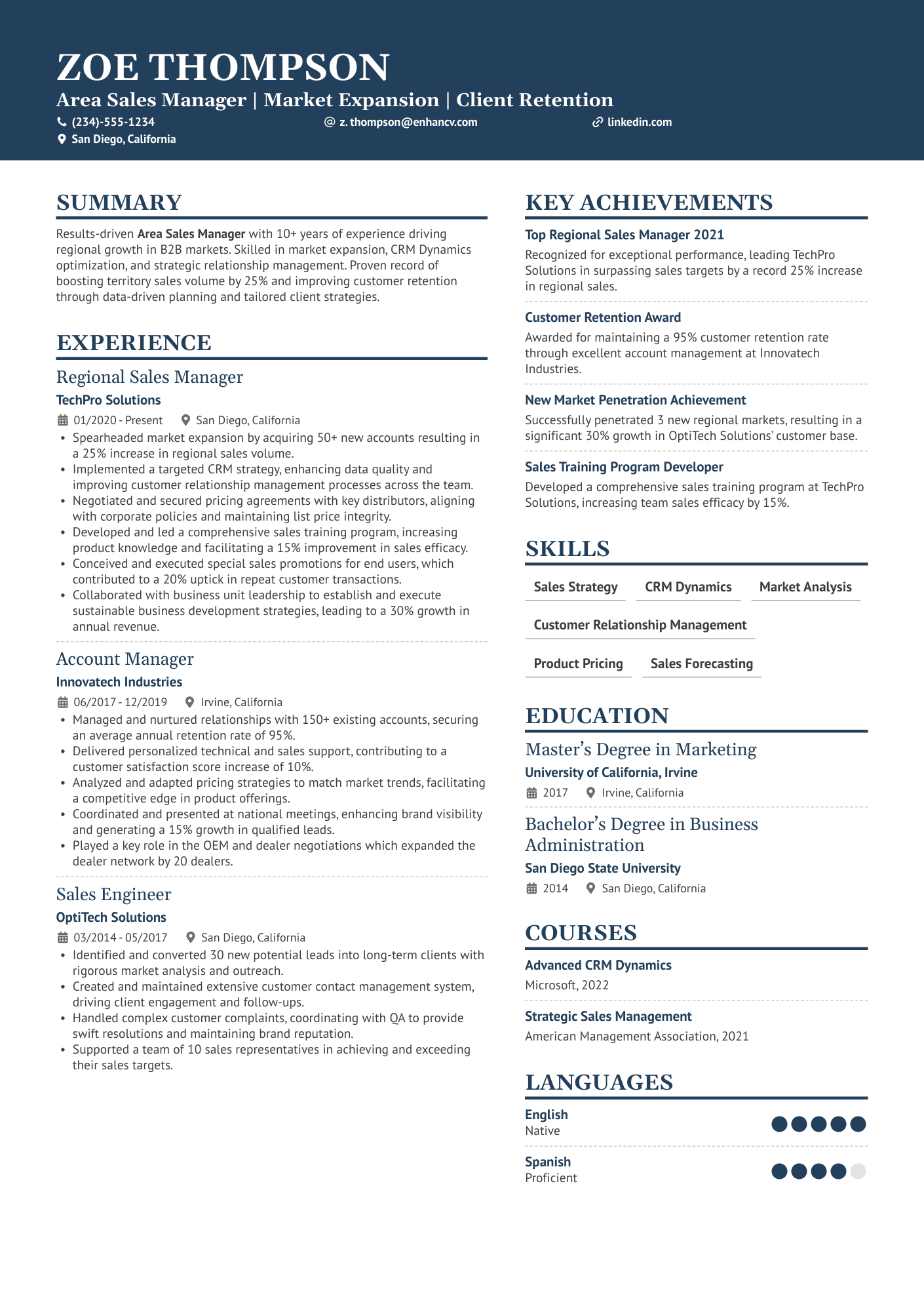 Area Sales Manager Resume Example