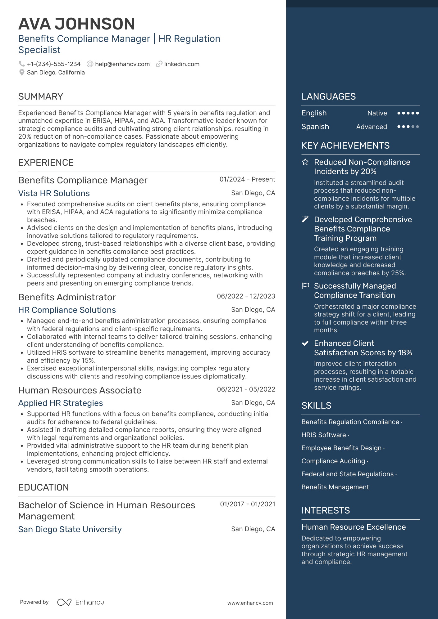 Benefits Compliance Manager Resume Example