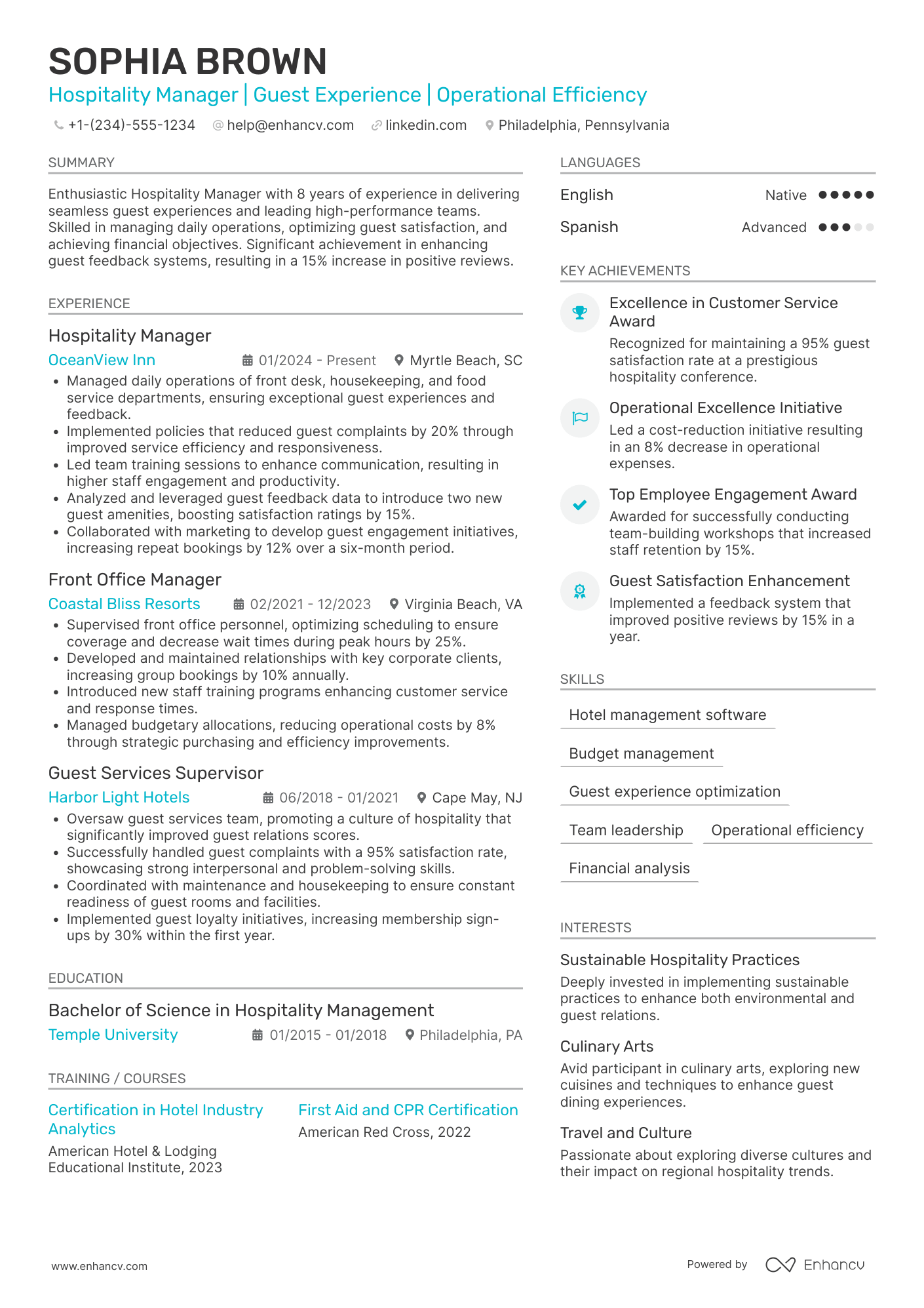 Hospitality Manager Resume Example