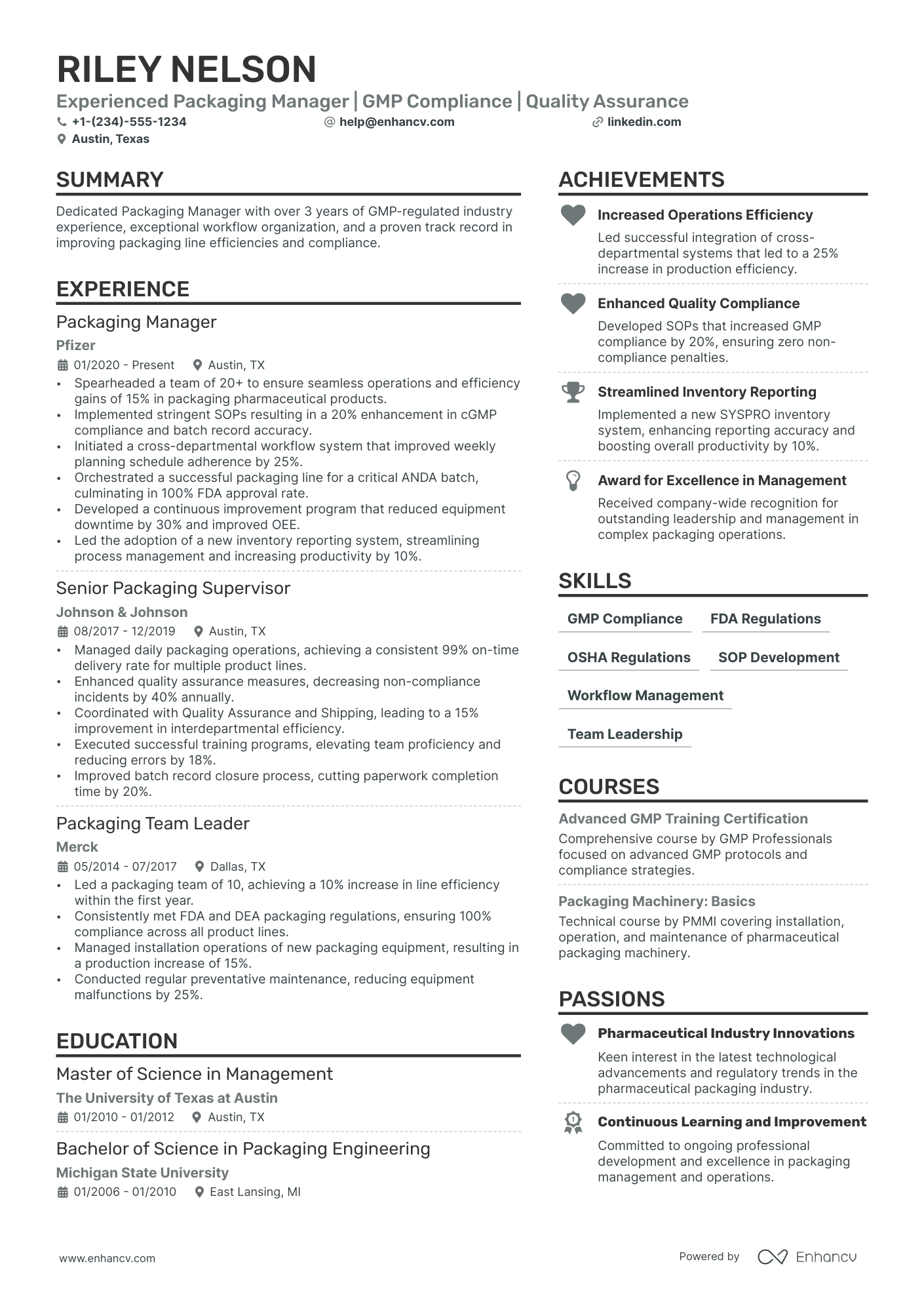 Packaging Manager Resume Example