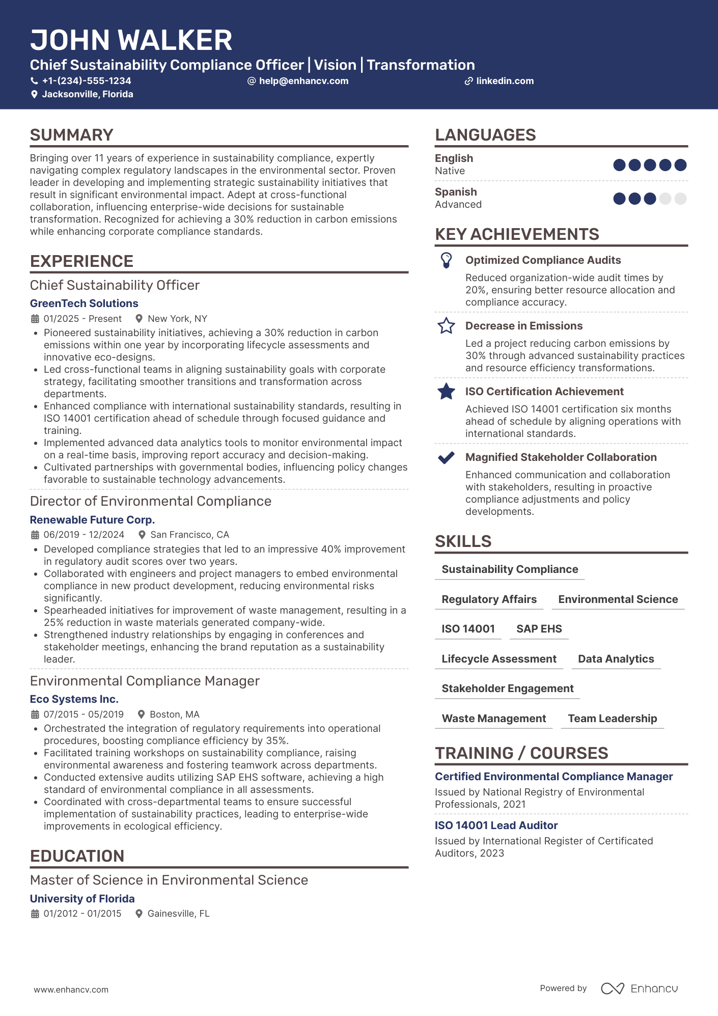 Chief Sustainability Compliance Officer Resume Example