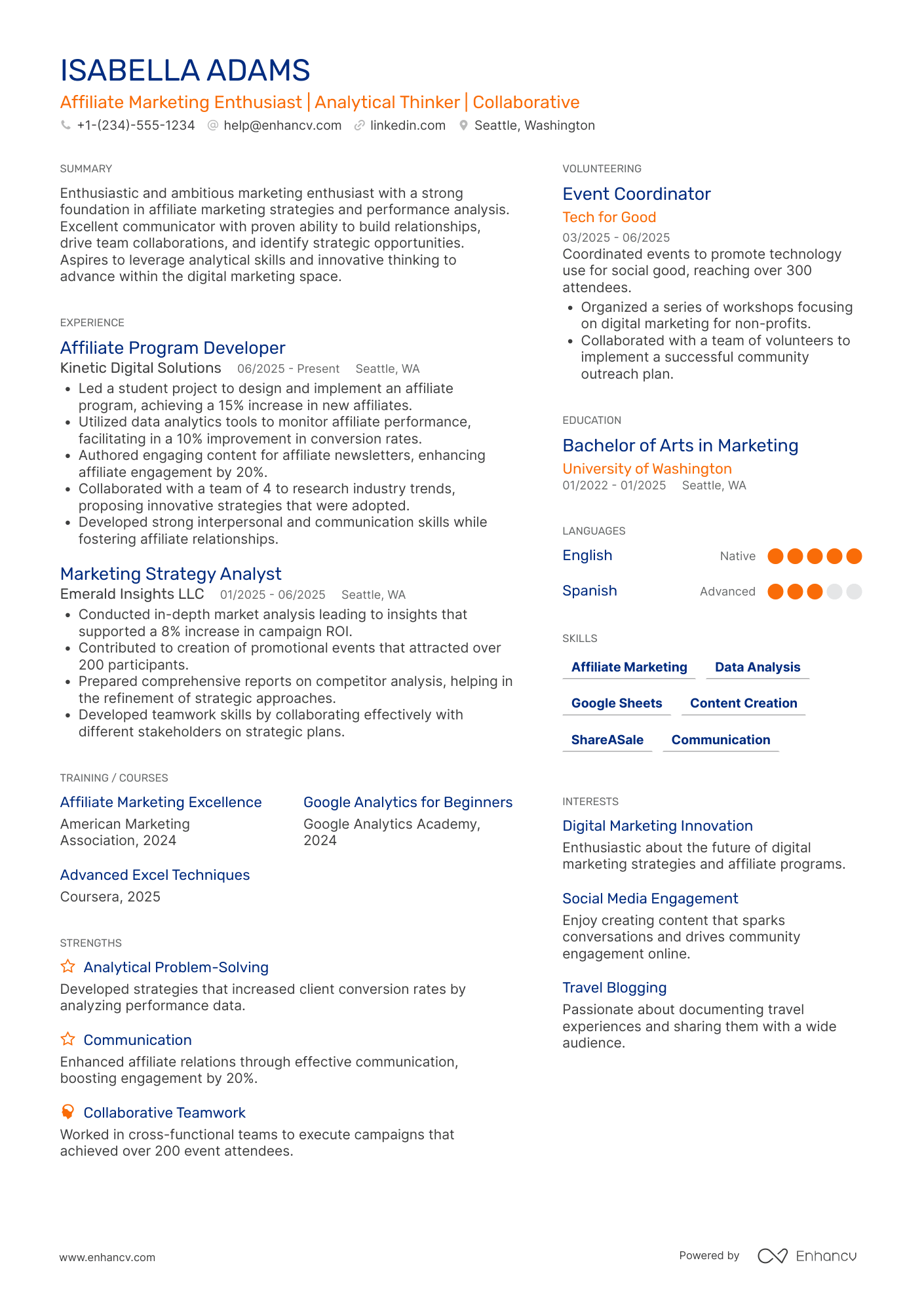 Affiliate Marketing Intern Resume Example