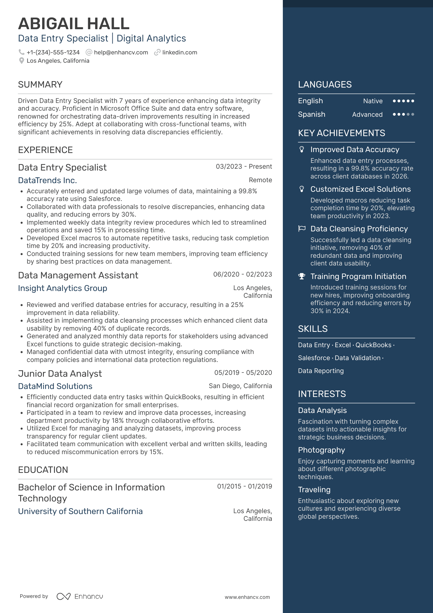 Work from Home Data Entry Specialist Resume Example