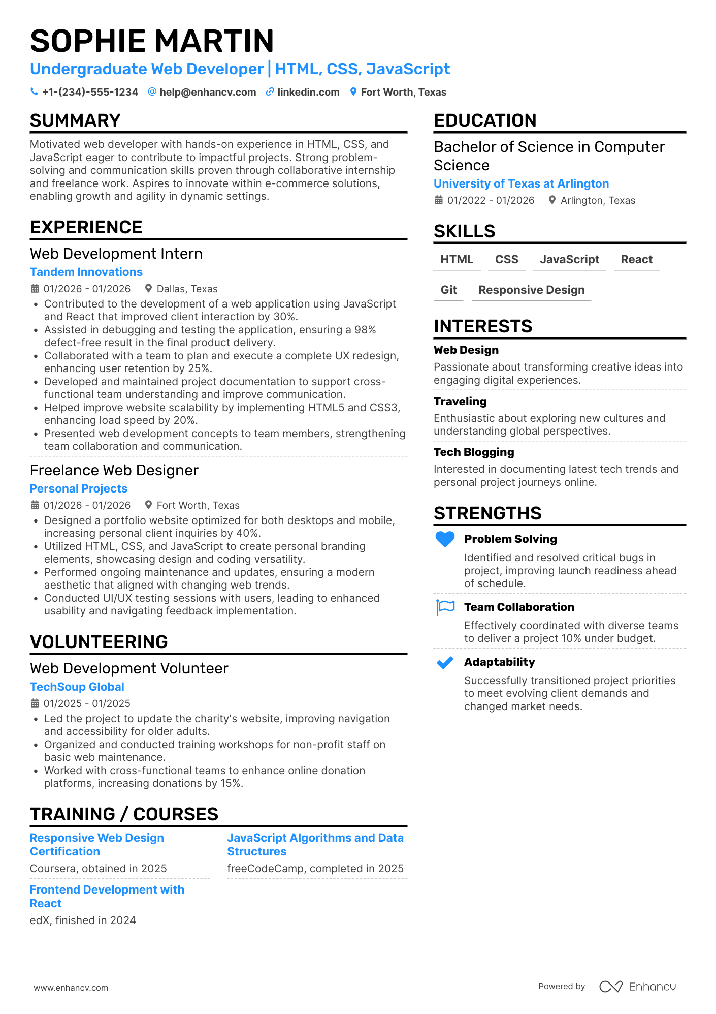Undergraduate Web Developer Resume Example