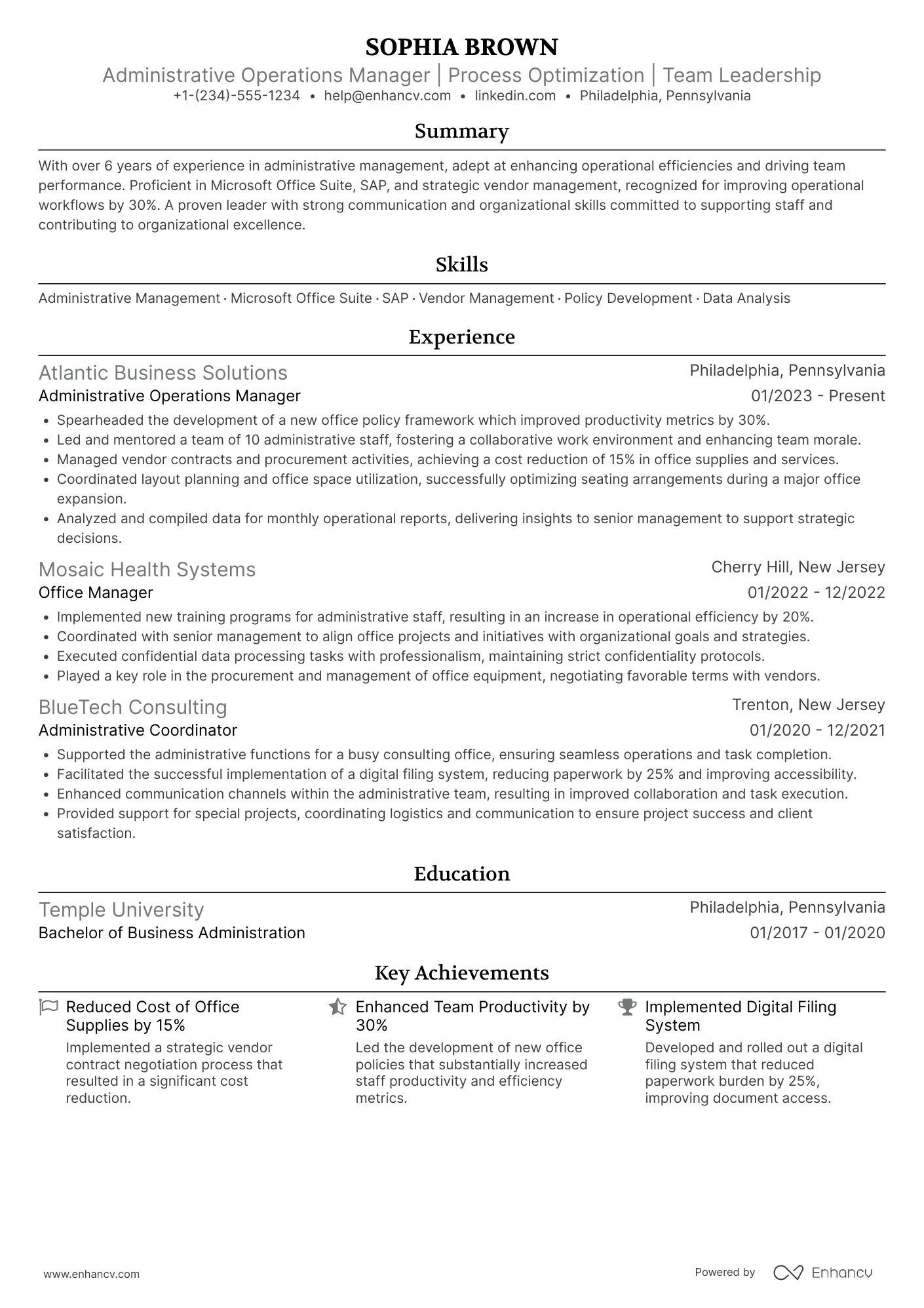 Administrative Operations Manager Resume Example