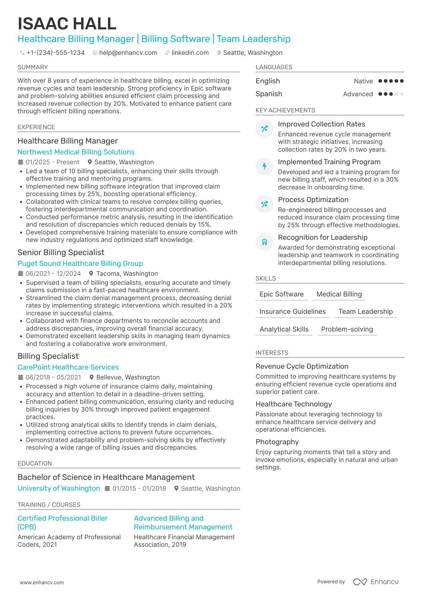 Healthcare Billing Manager Resume Example