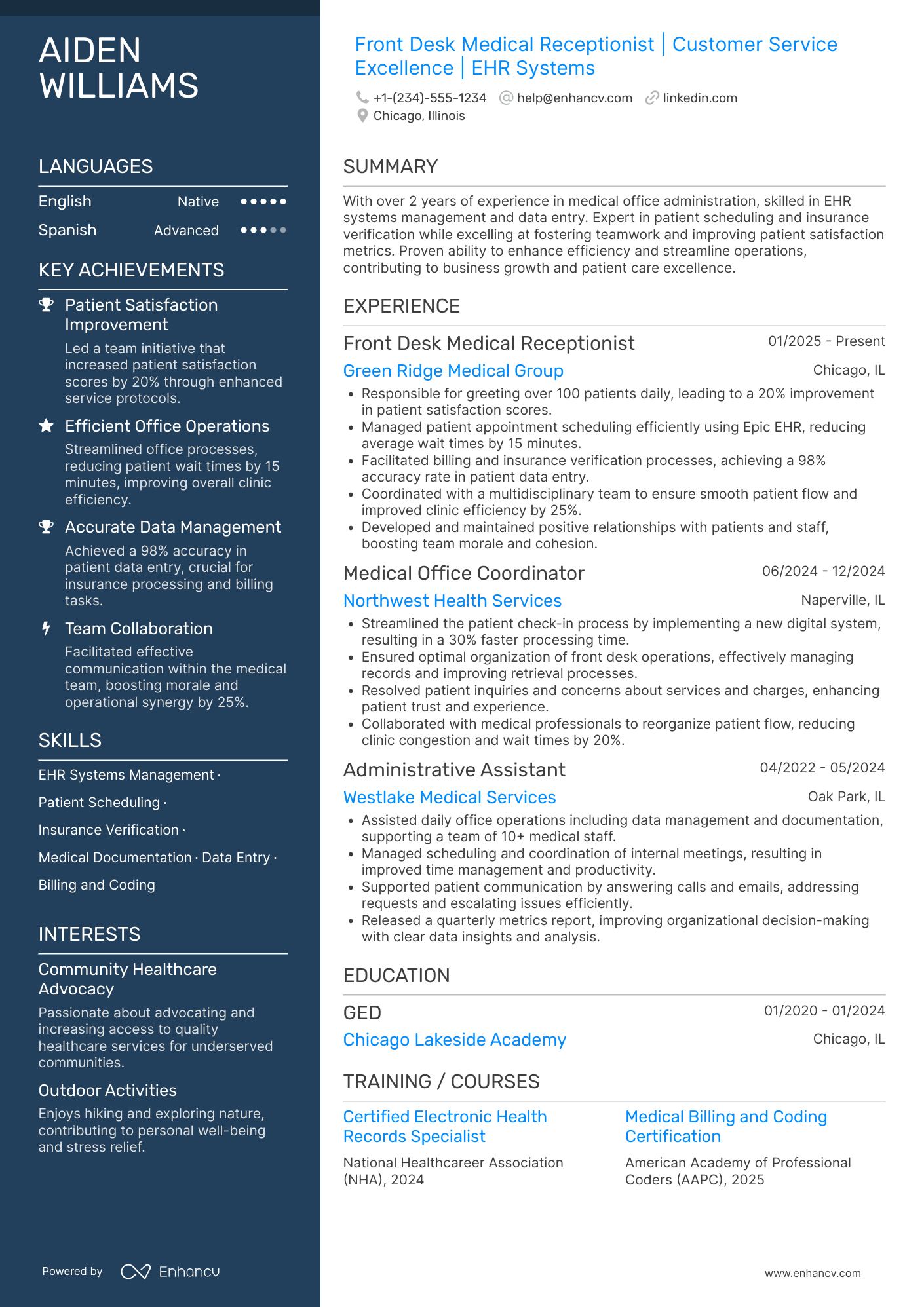 Front Desk Medical Receptionist Resume Example