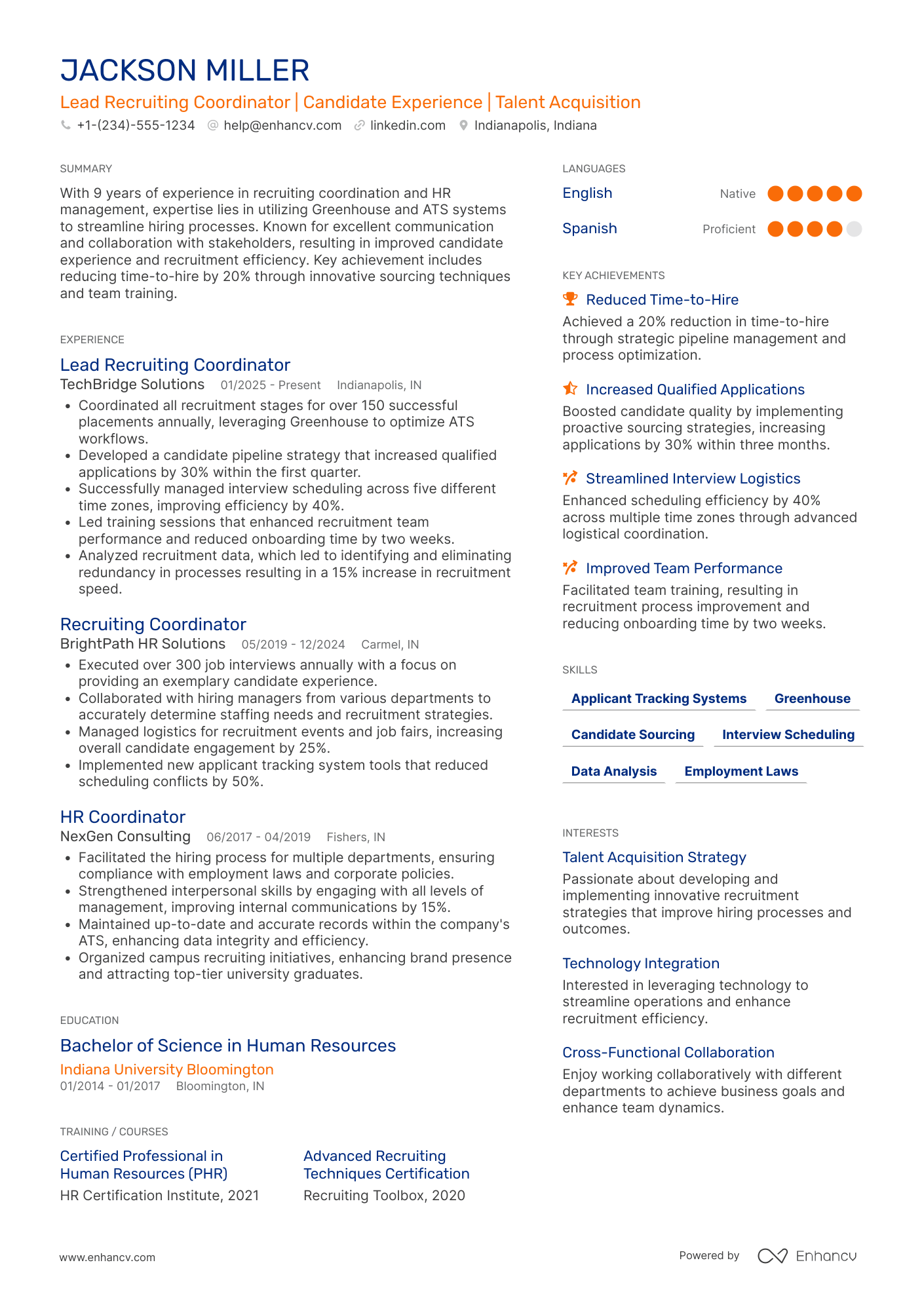 Lead Recruiting Coordinator Resume Example